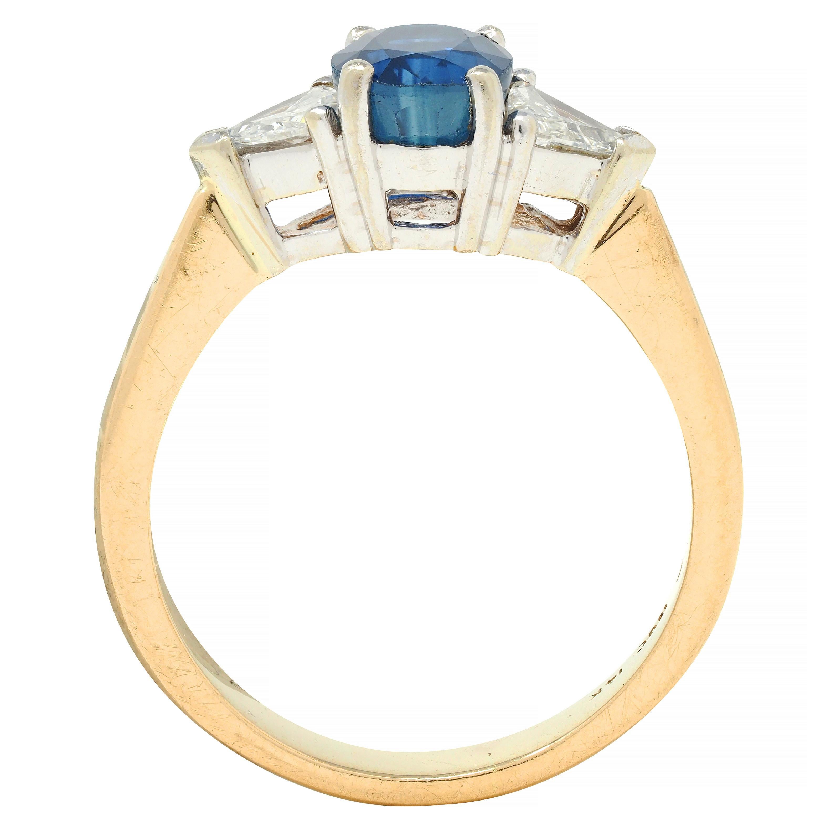 1980's 2.71 CTW Sapphire Diamond 14 Karat Two-Tone Gold Three Stone Ring For Sale 5