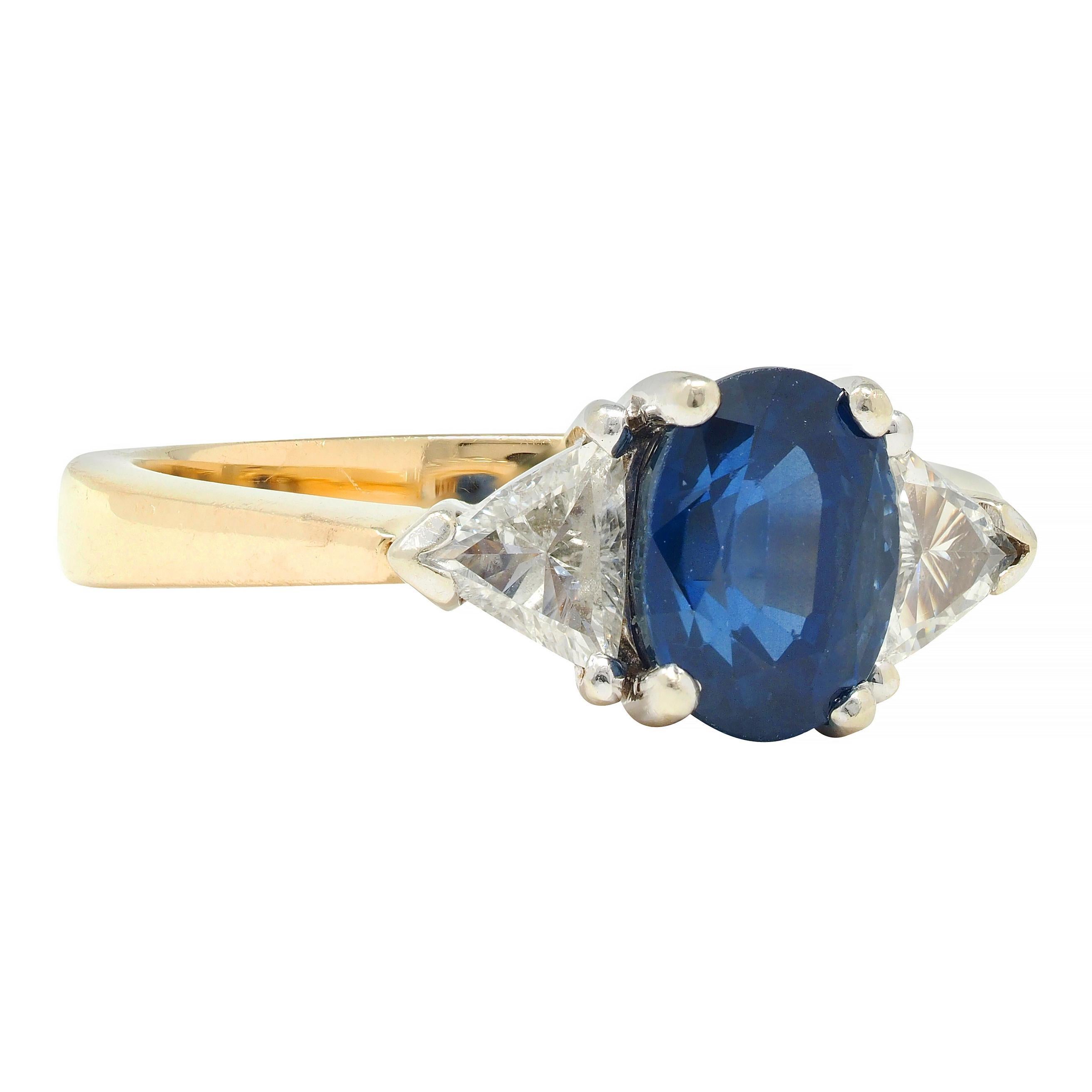Oval Cut 1980's 2.71 CTW Sapphire Diamond 14 Karat Two-Tone Gold Three Stone Ring For Sale