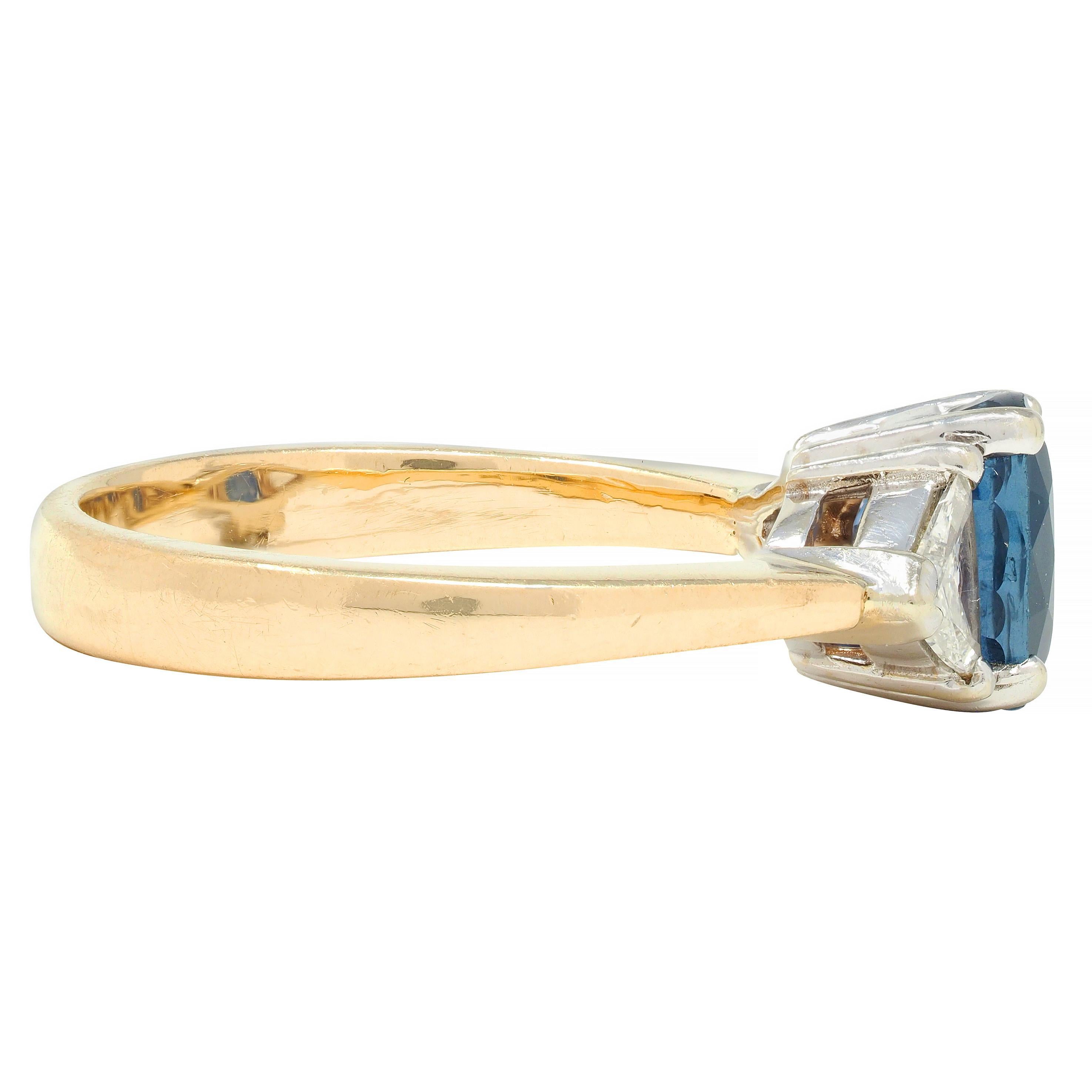 1980's 2.71 CTW Sapphire Diamond 14 Karat Two-Tone Gold Three Stone Ring In Excellent Condition For Sale In Philadelphia, PA