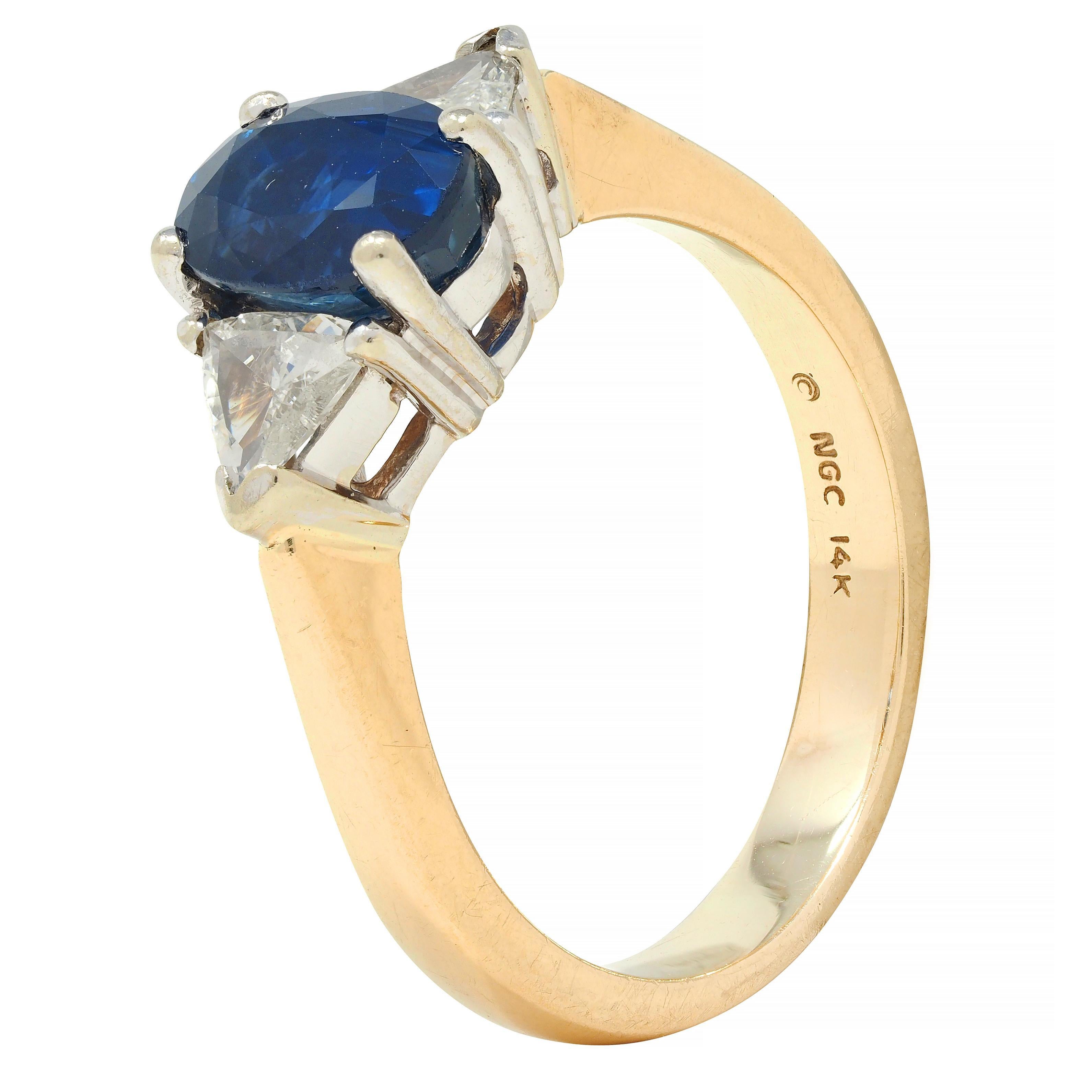 1980's 2.71 CTW Sapphire Diamond 14 Karat Two-Tone Gold Three Stone Ring For Sale 4