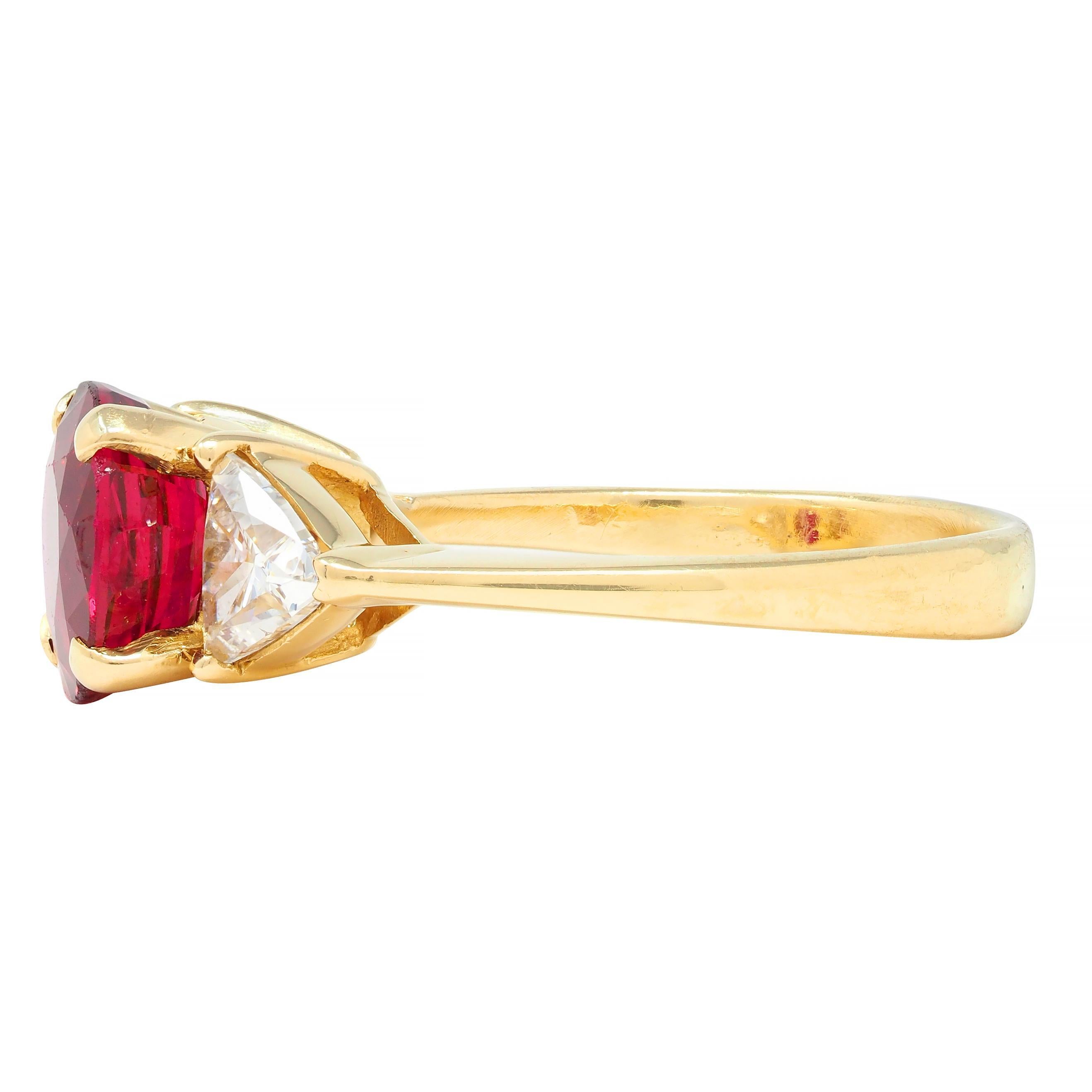 1980's 2.80 CTW No Heat Ruby Diamond 18 Karat Yellow Gold Three Stone Ring GIA In Excellent Condition For Sale In Philadelphia, PA