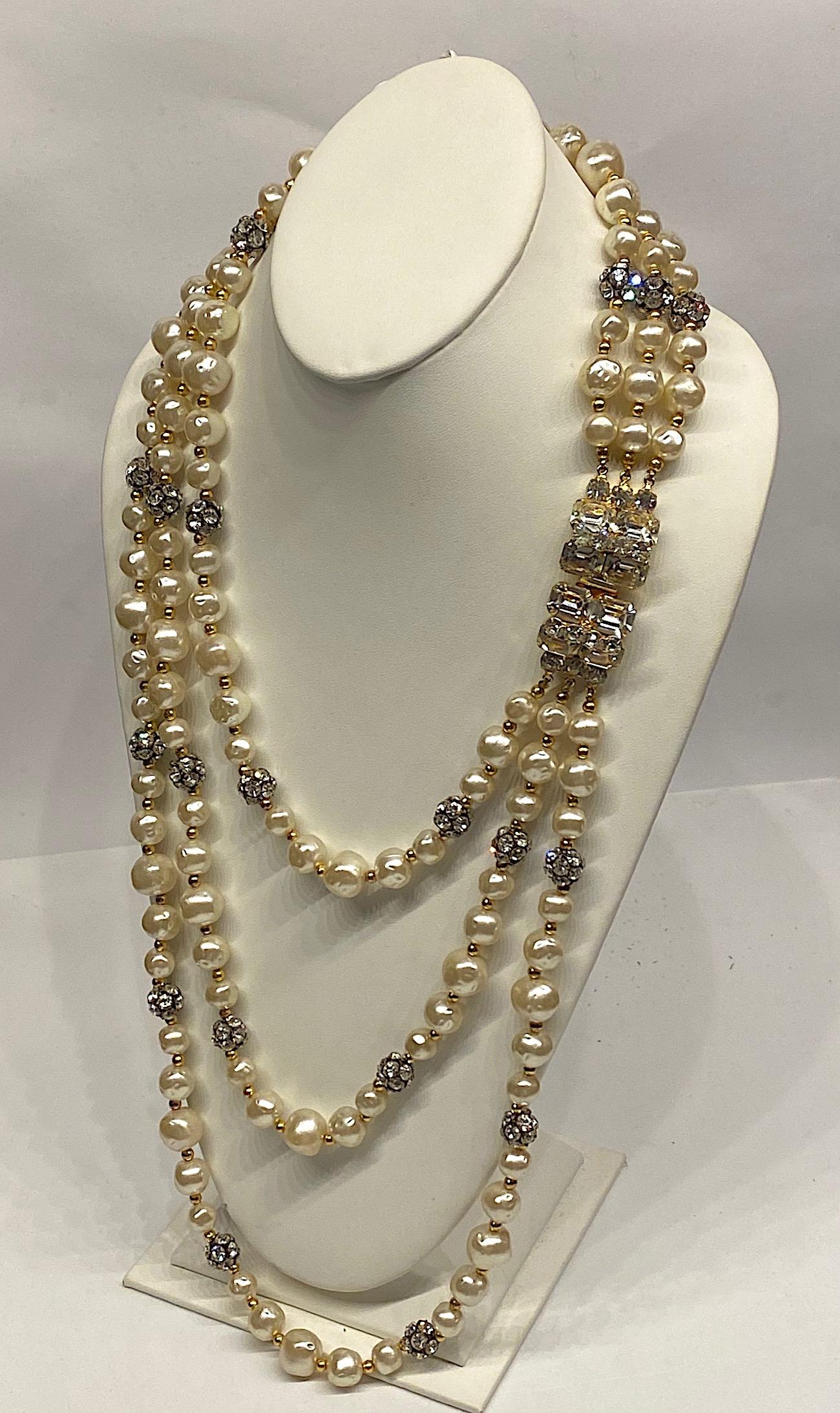 1980s 3 Strand Pearl and Rhinestone Long Necklace 9