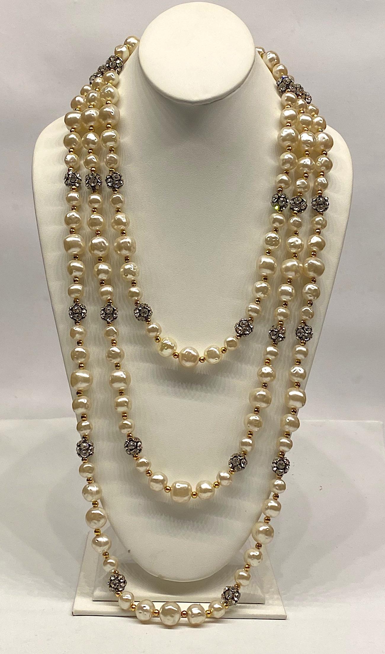 1980s 3 Strand Pearl and Rhinestone Long Necklace 13