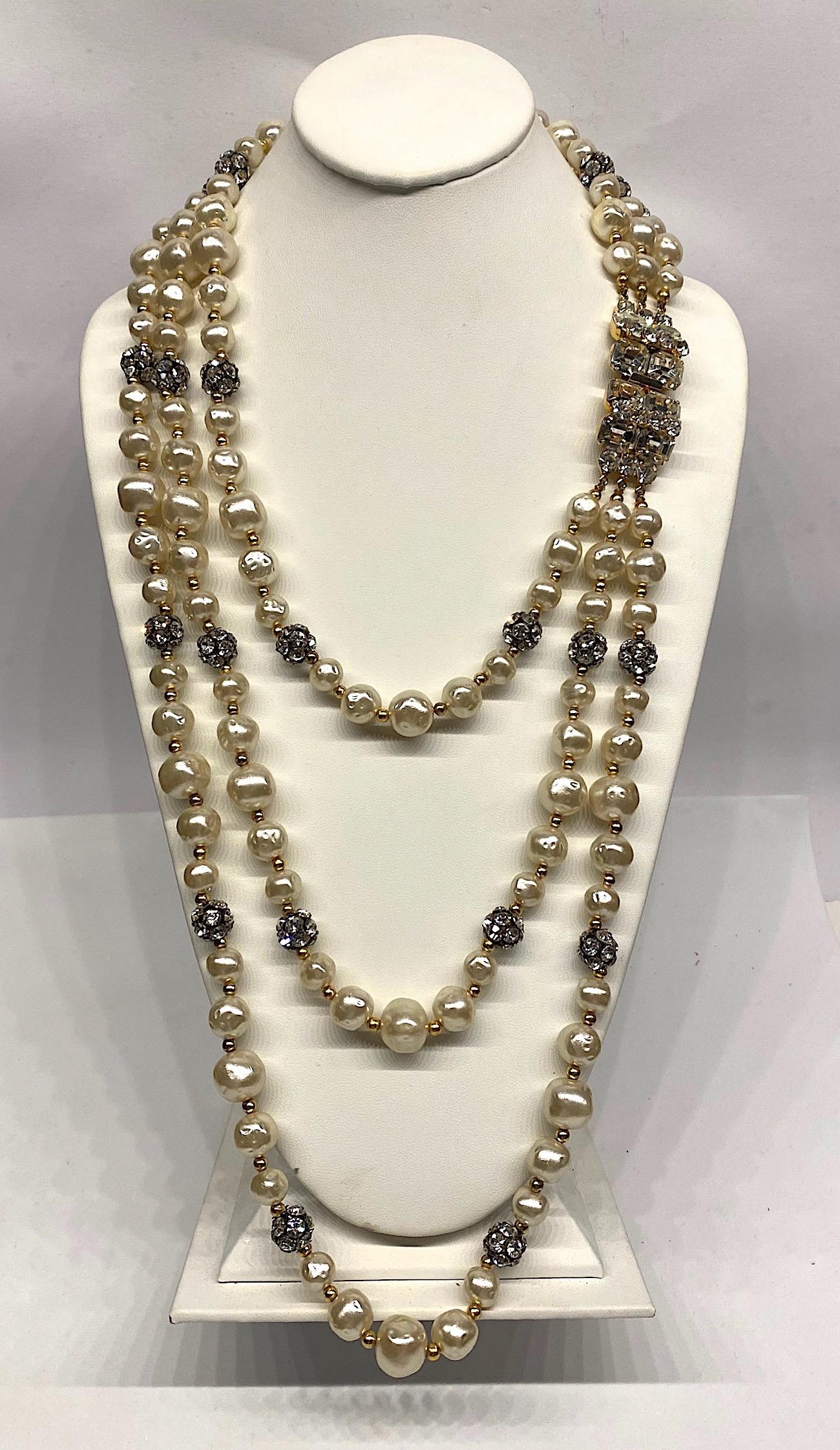 1980s 3 Strand Pearl and Rhinestone Long Necklace In Good Condition In New York, NY