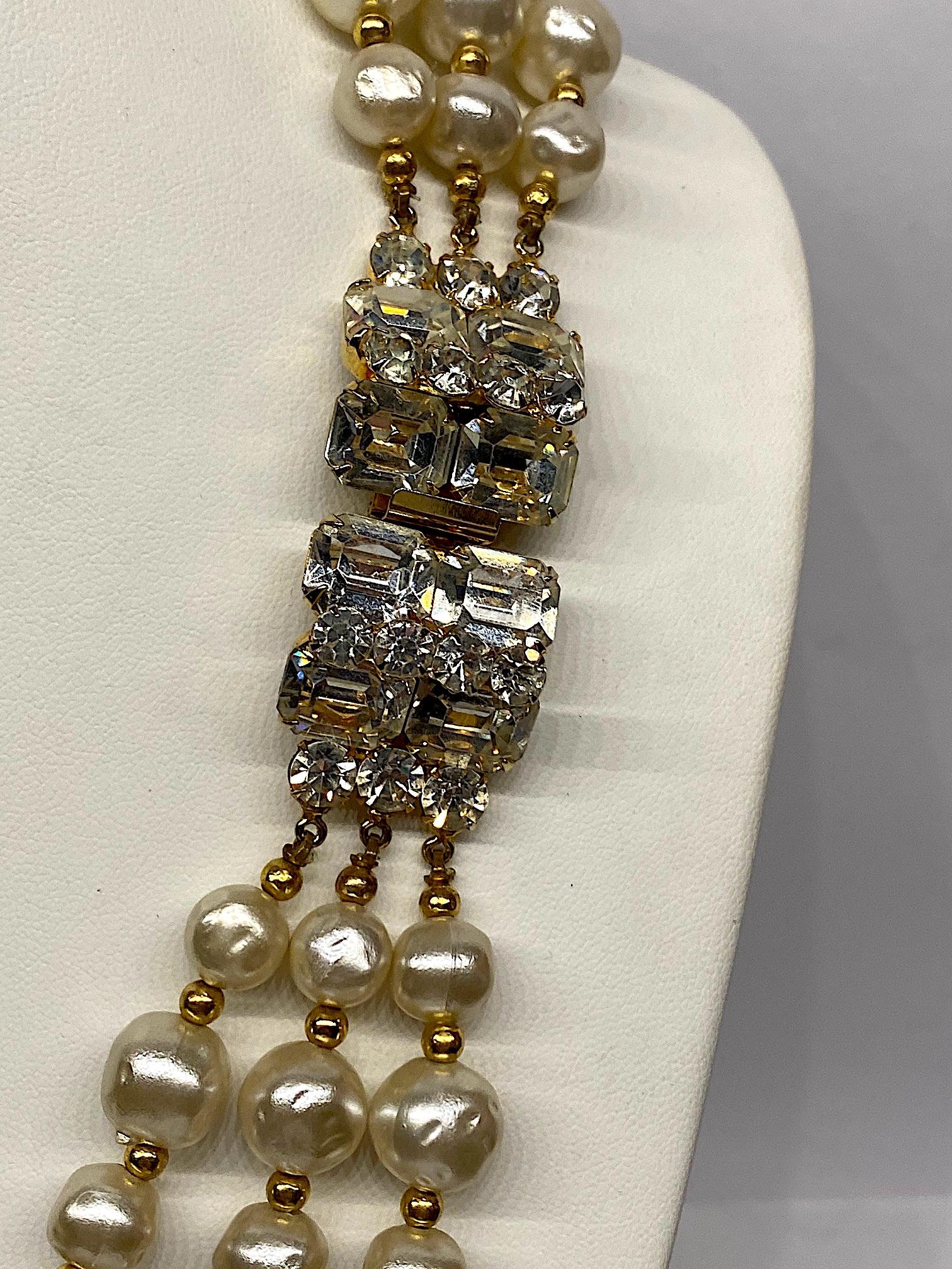 Women's 1980s 3 Strand Pearl and Rhinestone Long Necklace