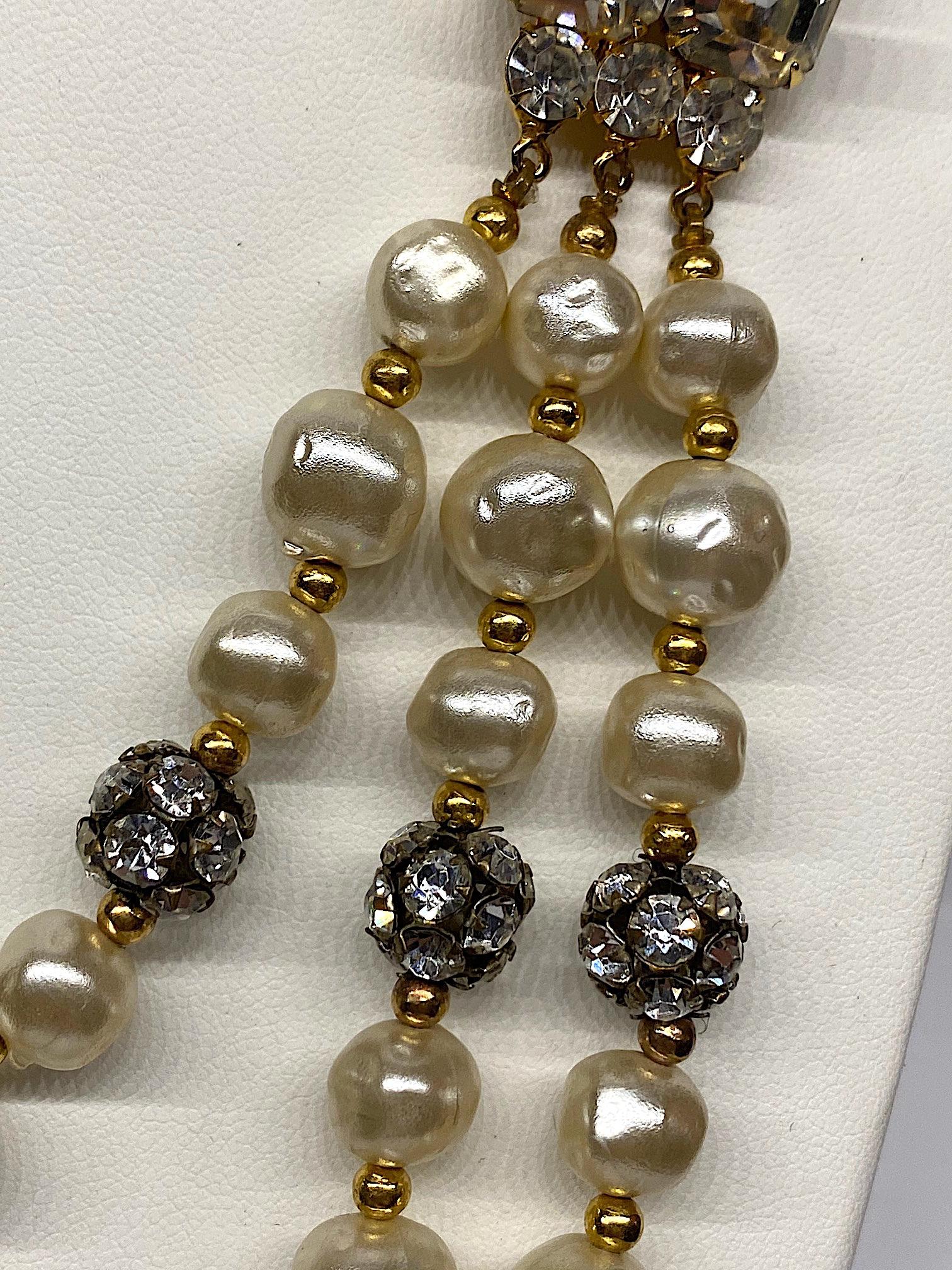 1980s 3 Strand Pearl and Rhinestone Long Necklace 1