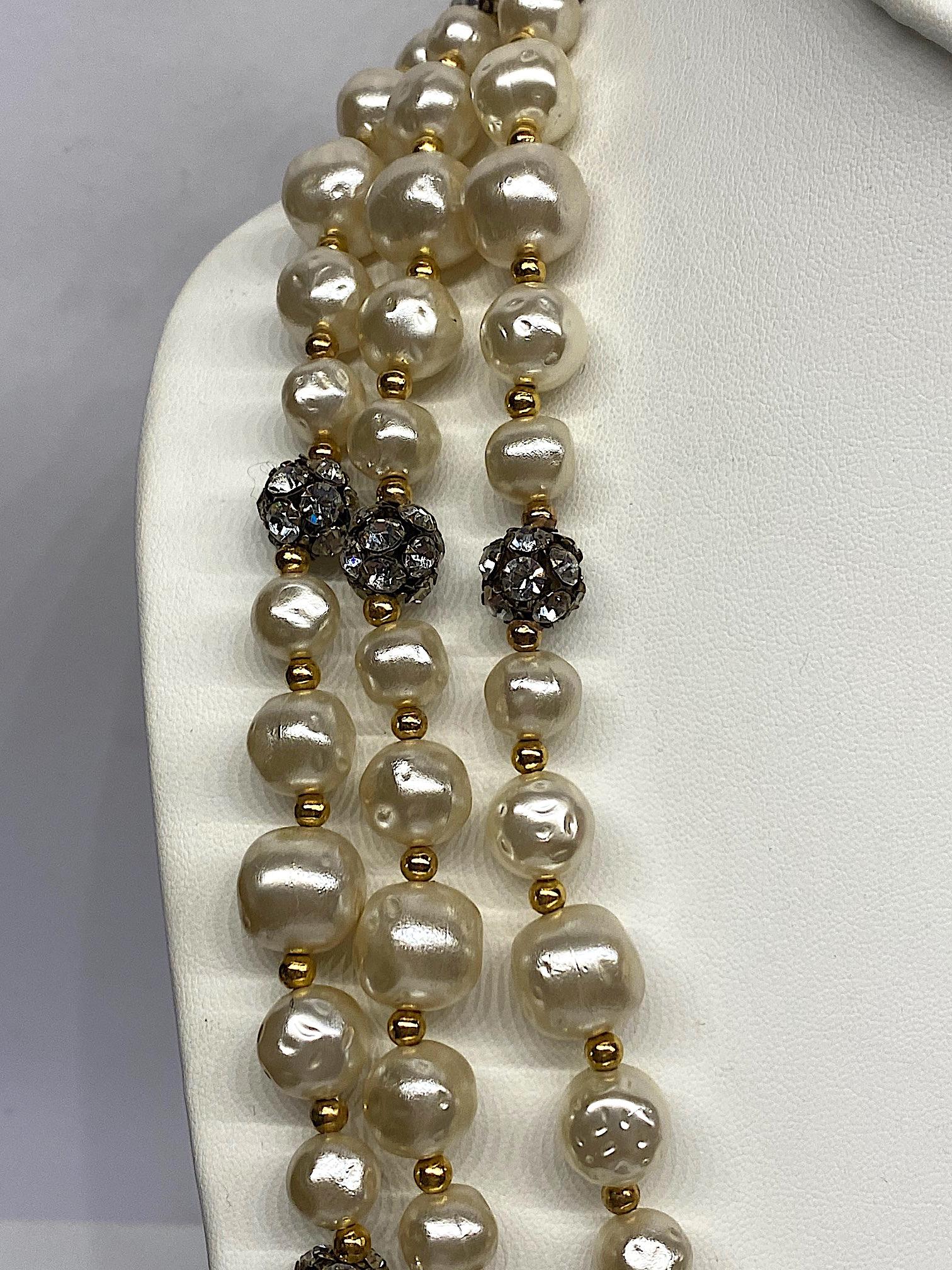 1980s 3 Strand Pearl and Rhinestone Long Necklace 2