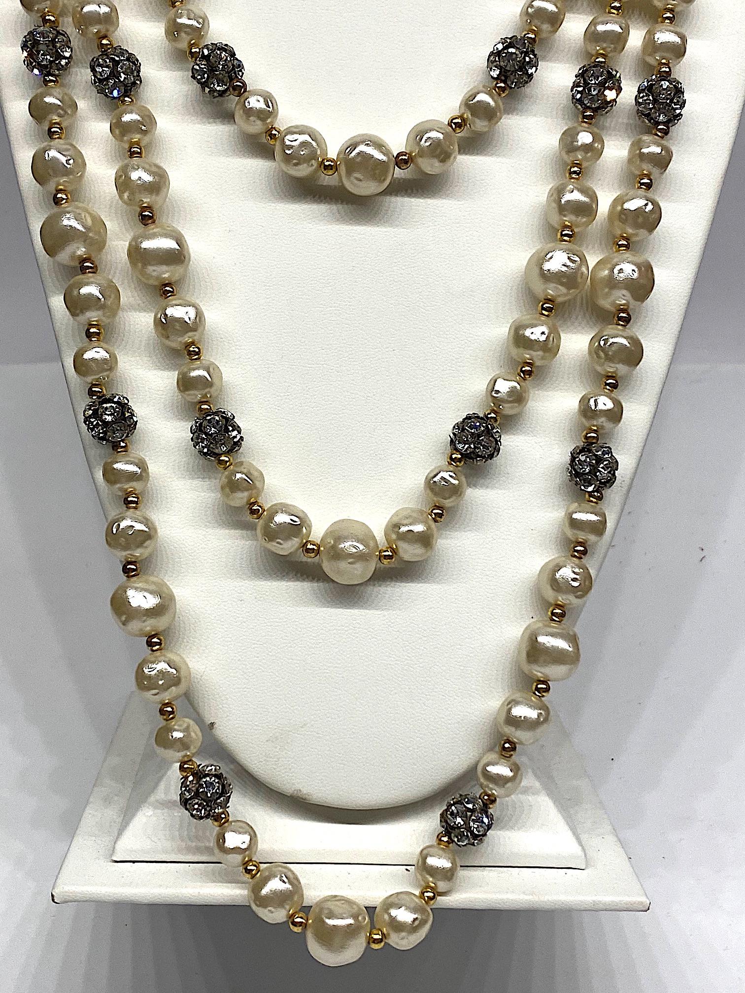 1980s 3 Strand Pearl and Rhinestone Long Necklace 3