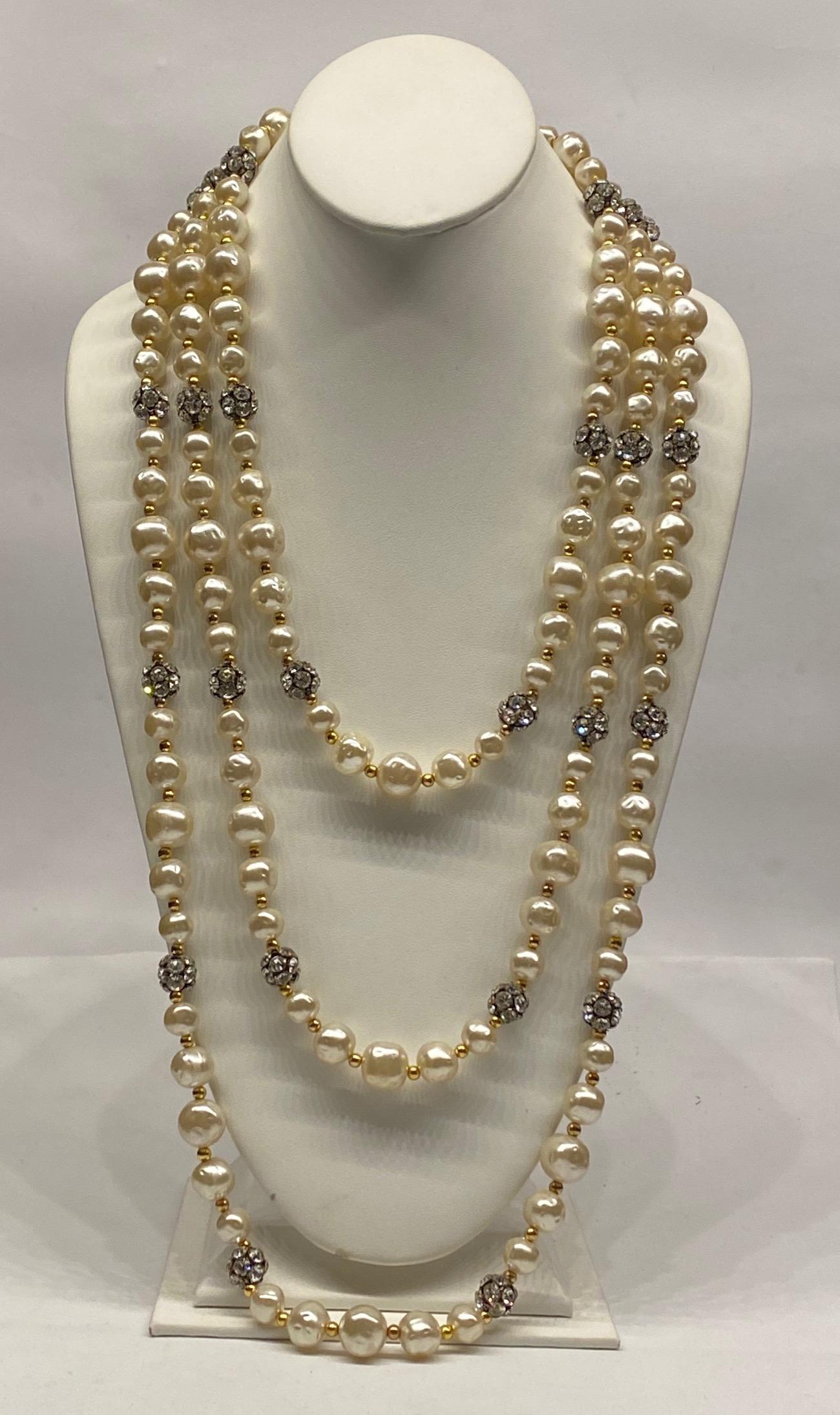1980s 3 Strand Pearl and Rhinestone Long Necklace 5