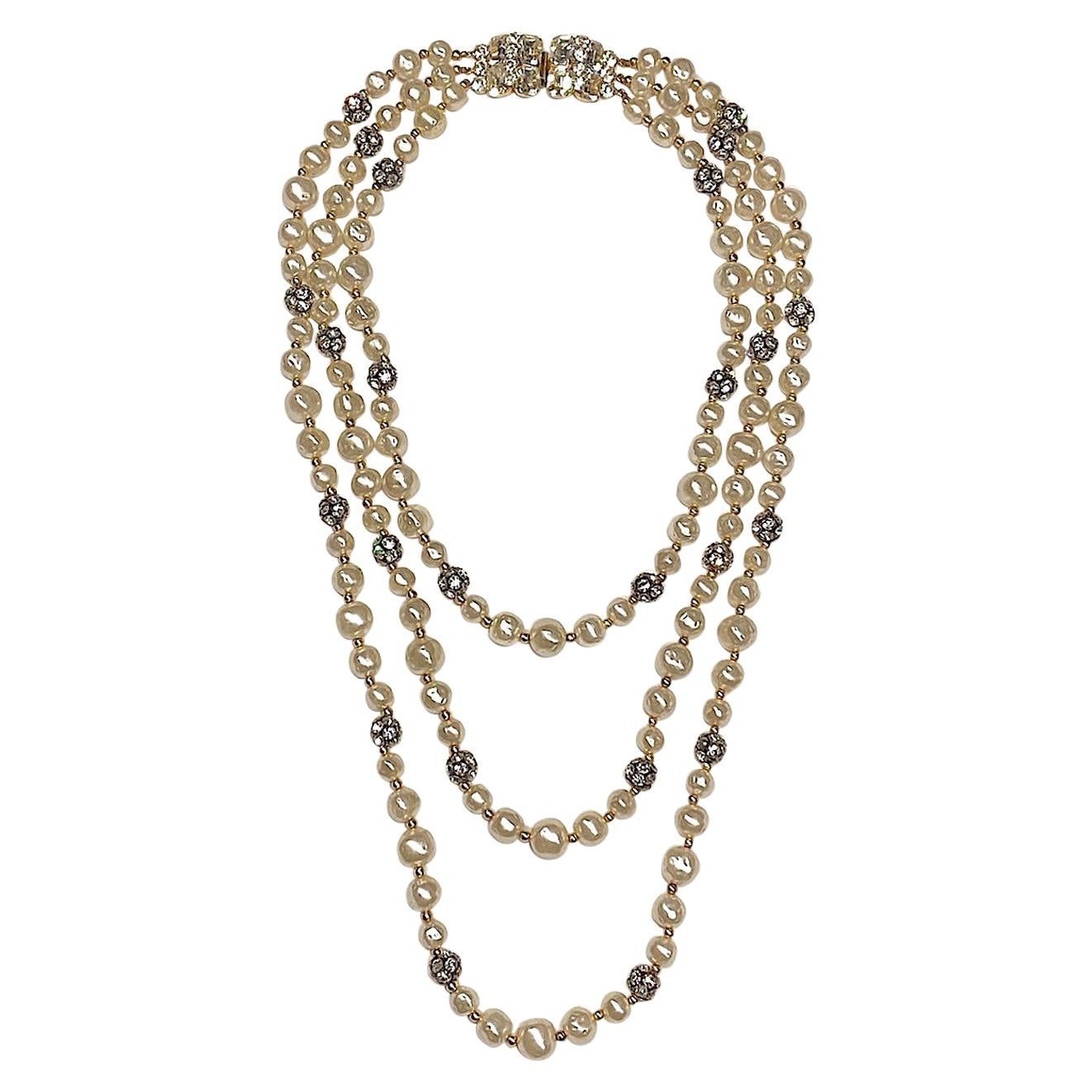 1980s 3 Strand Pearl and Rhinestone Long Necklace