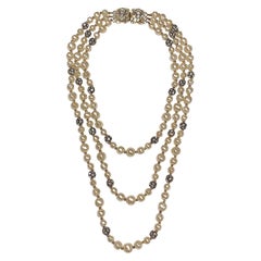 1980s 3 Strand Pearl and Rhinestone Long Necklace