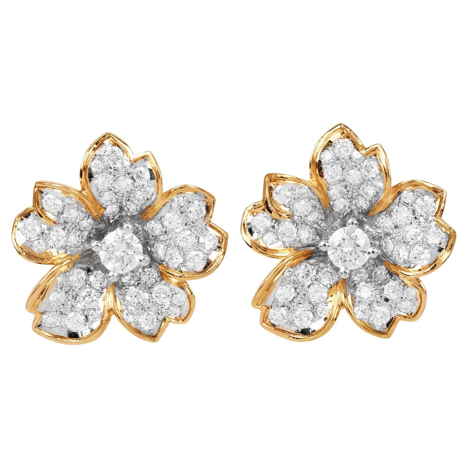 1980s 3.00 carats Diamond Platinum Gold Flower Earrings For Sale