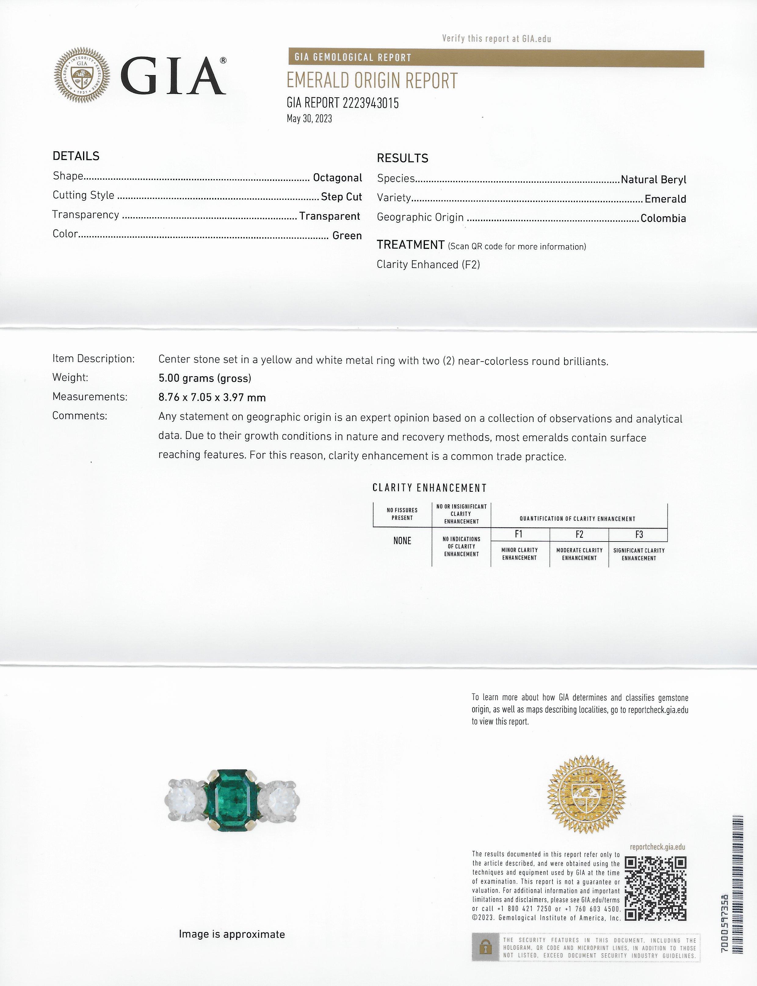 1980's 3.27 CTW Colombian Emerald Diamond Platinum 14 Karat Vintage Ring GIA For Sale 7