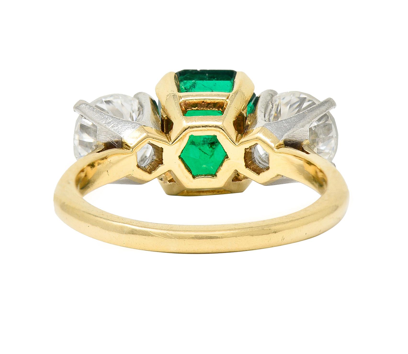 Emerald Cut 1980's 3.27 CTW Colombian Emerald Diamond Platinum 14 Karat Vintage Ring GIA For Sale