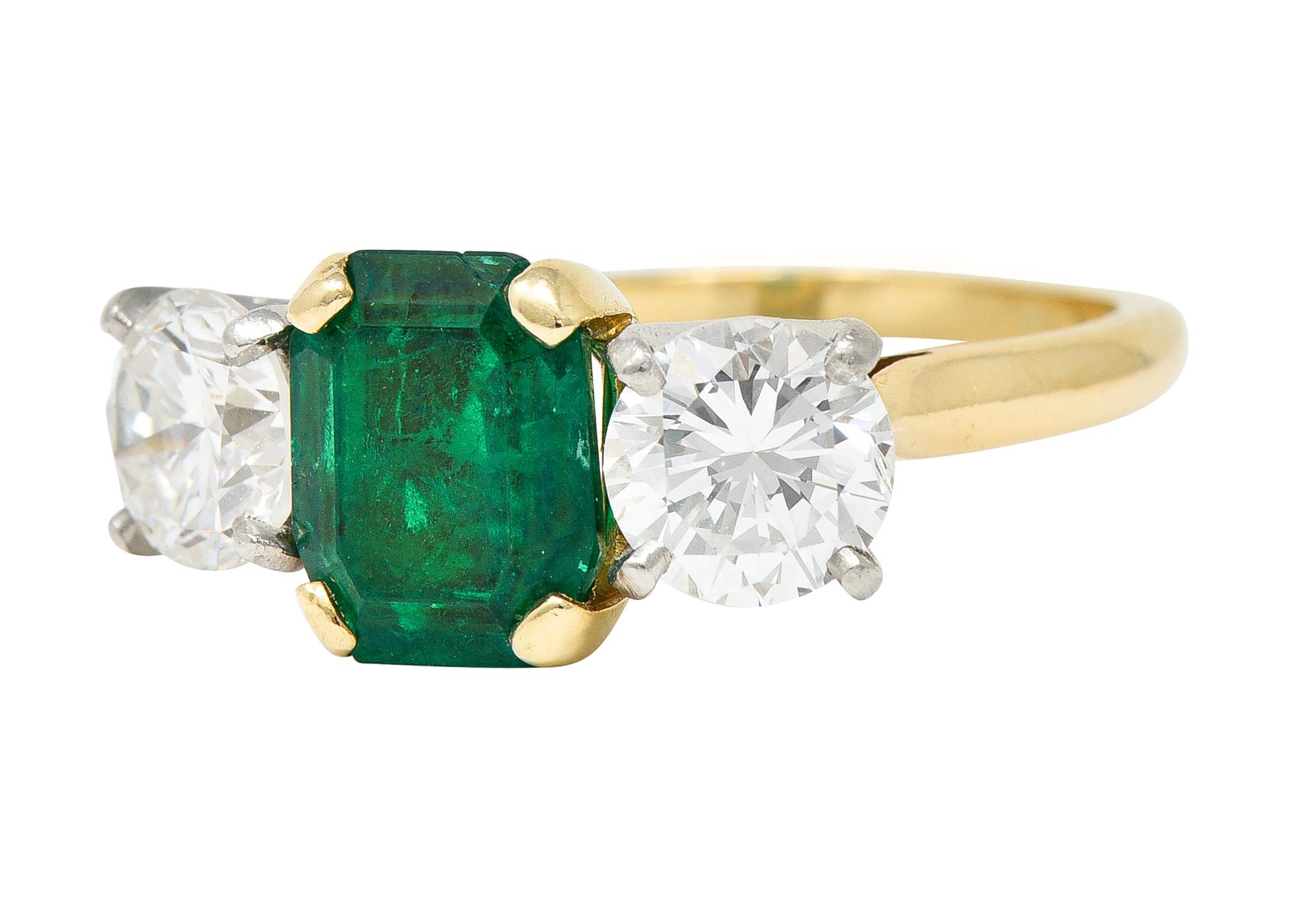 Women's or Men's 1980's 3.27 CTW Colombian Emerald Diamond Platinum 14 Karat Vintage Ring GIA For Sale