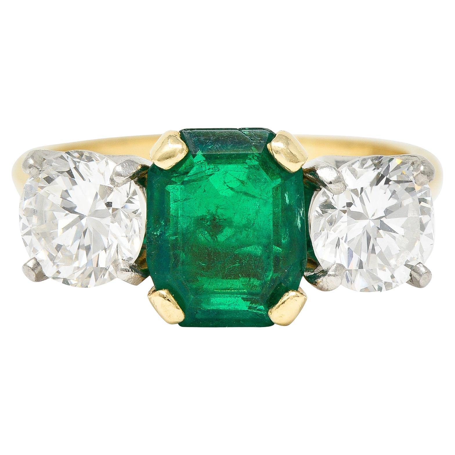 1980's 3.27 CTW Colombian Emerald Diamond Platinum 14 Karat Vintage Ring GIA