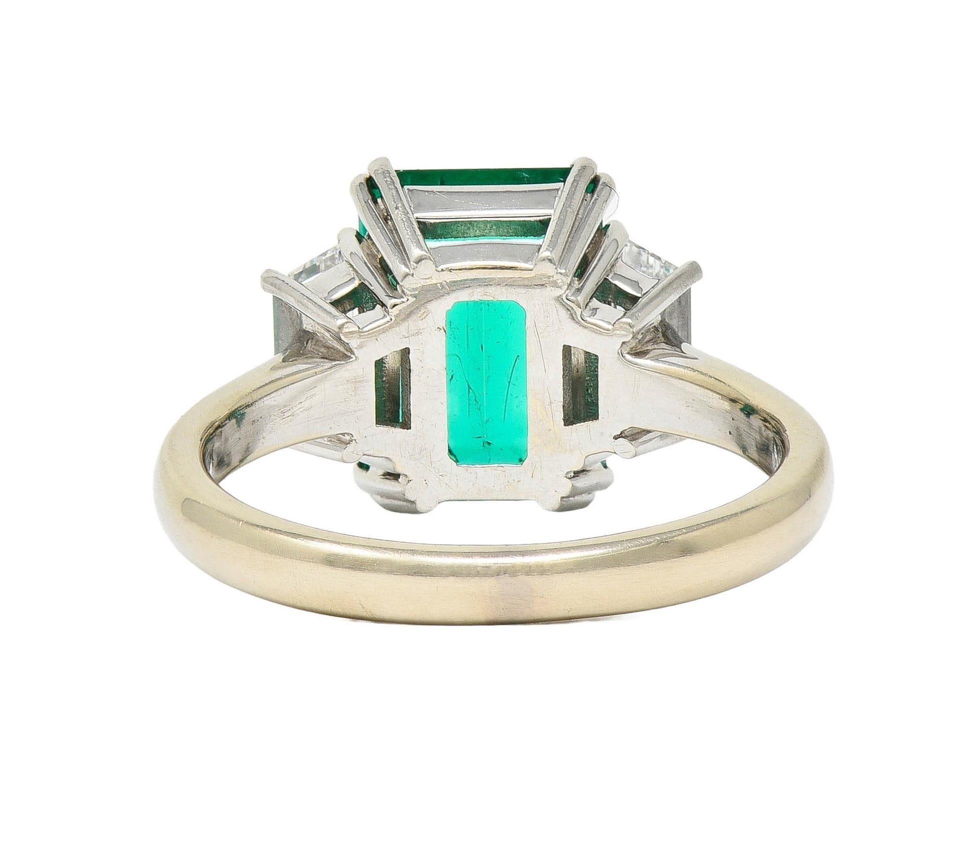 1980's 3.51 CTW Colombian Emerald Diamond Platinum 18K  White Gold Ring AGL In Excellent Condition For Sale In Philadelphia, PA