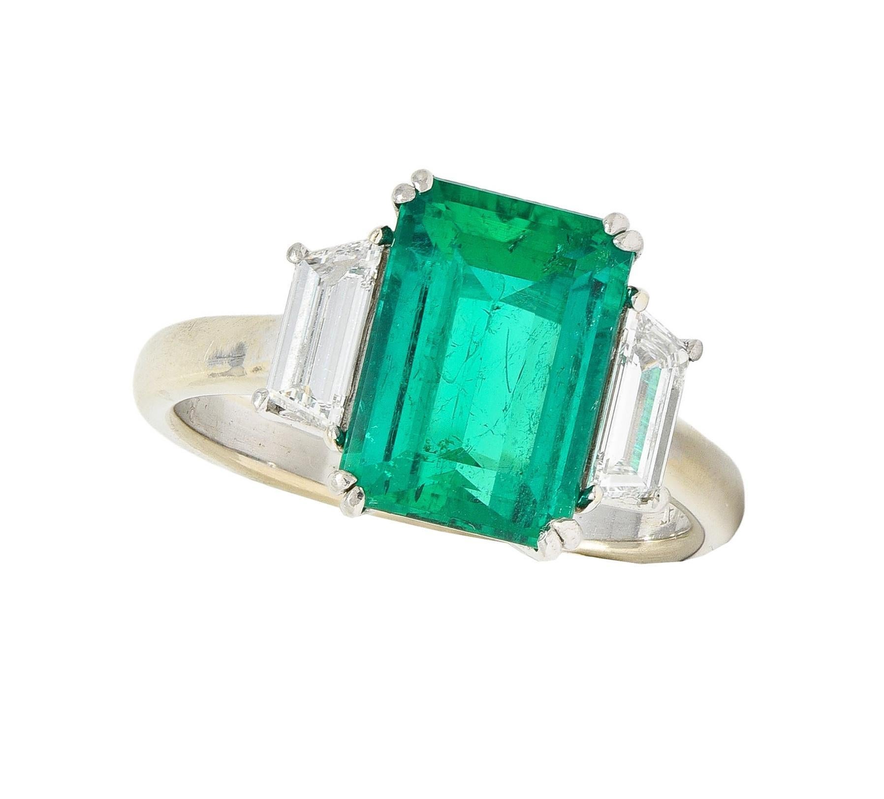 1980's 3.51 CTW Colombian Emerald Diamond Platinum 18K  White Gold Ring AGL For Sale 2