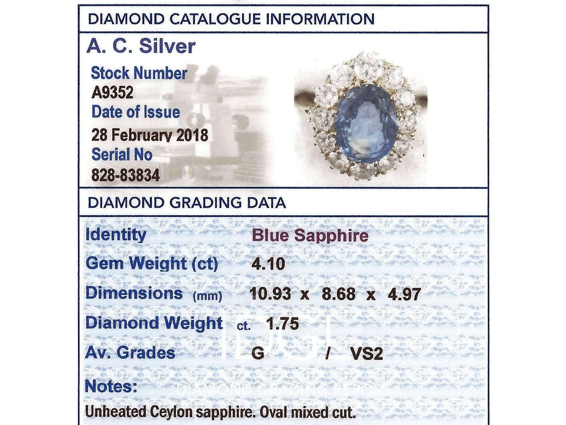 1980s 4.10 Carat Ceylon Sapphire 1.75 Carat Diamond Gold Dress Ring 1