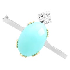 1980s 43.44 Carat Cabochon Cut Turquoise and Diamond White Gold Bangle