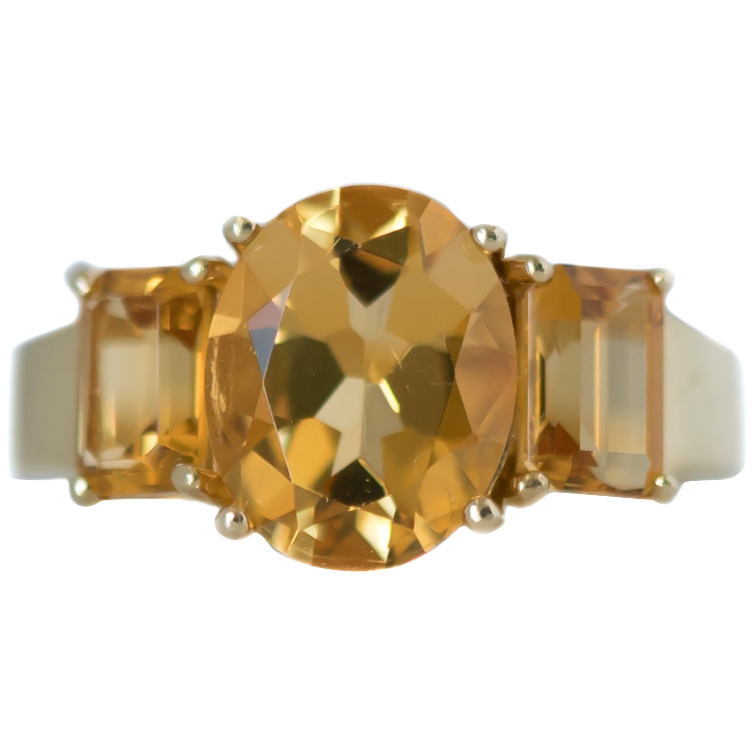 1980s 4.9 Carat Total Citrine and 14 Karat Yellow Gold Three-Stone Ring For Sale