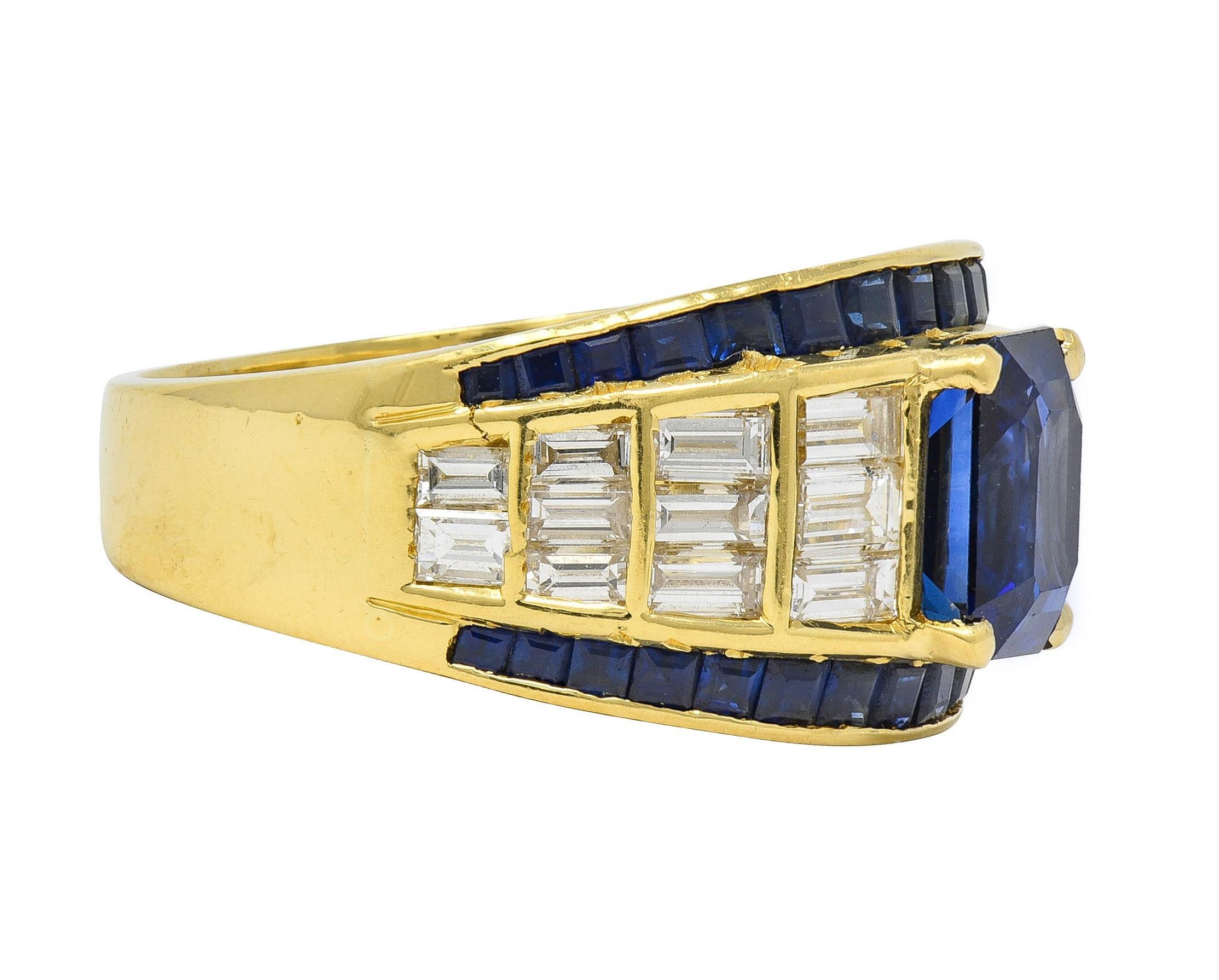 Emerald Cut 1980's 5.40 CTW Sapphire Diamond 18 Karat Yellow Gold Vintage Wide Band Ring For Sale