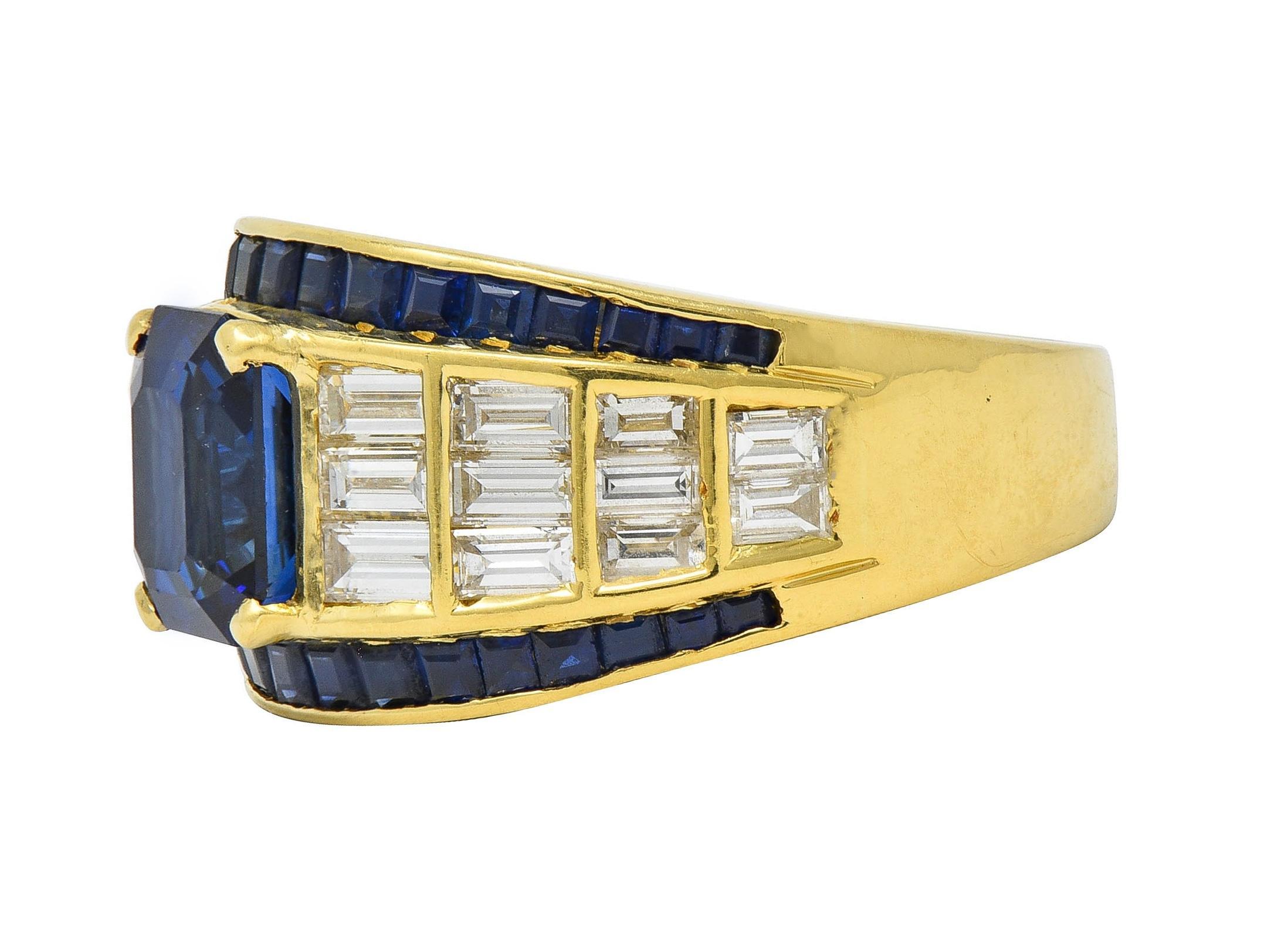 Women's or Men's 1980's 5.40 CTW Sapphire Diamond 18 Karat Yellow Gold Vintage Wide Band Ring For Sale