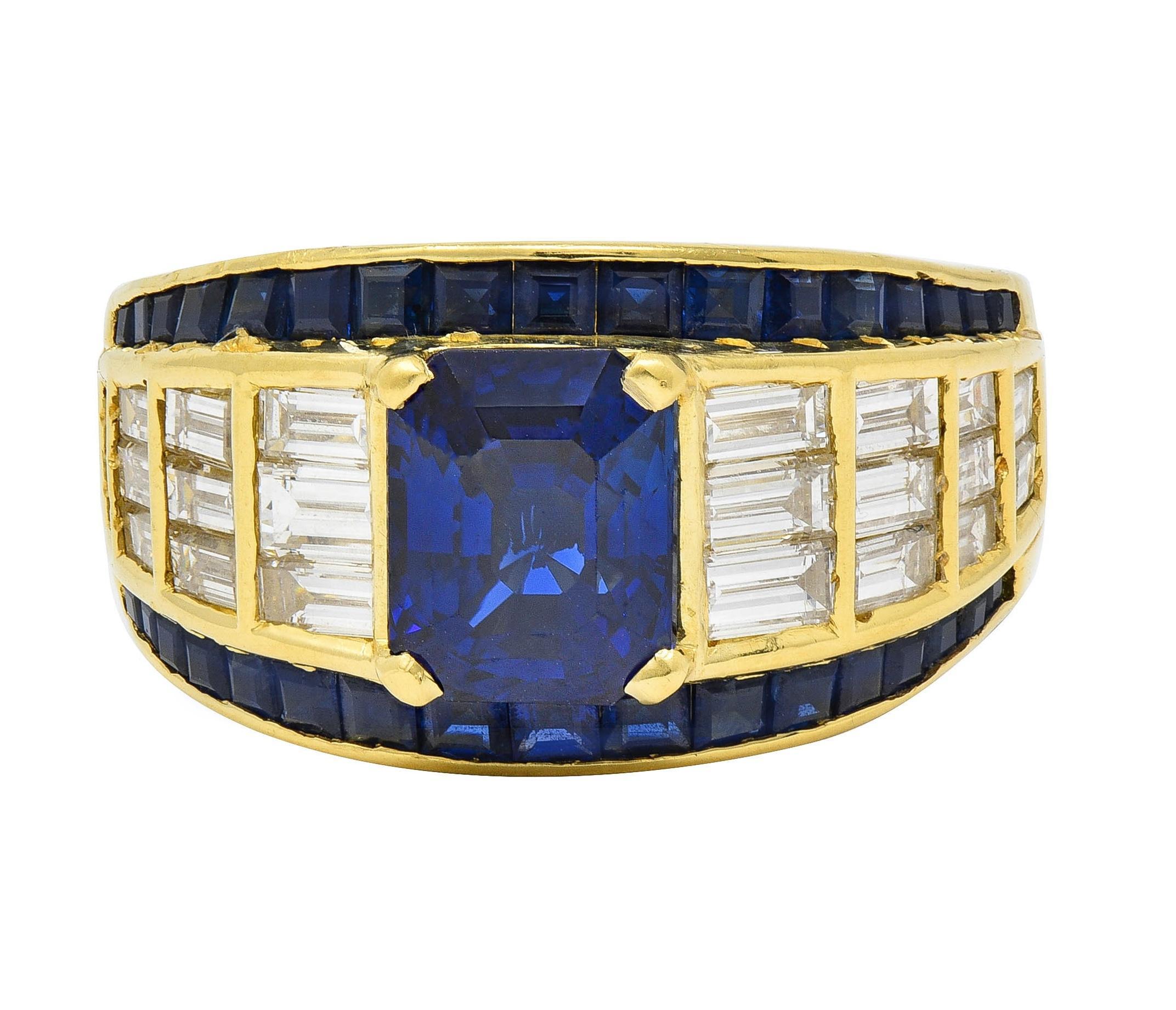 Bague large vintage en or jaune 18 carats avec saphirs et diamants de 5,40 carats, années 1980