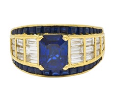 Bague large vintage en or jaune 18 carats avec saphirs et diamants de 5,40 carats, années 1980