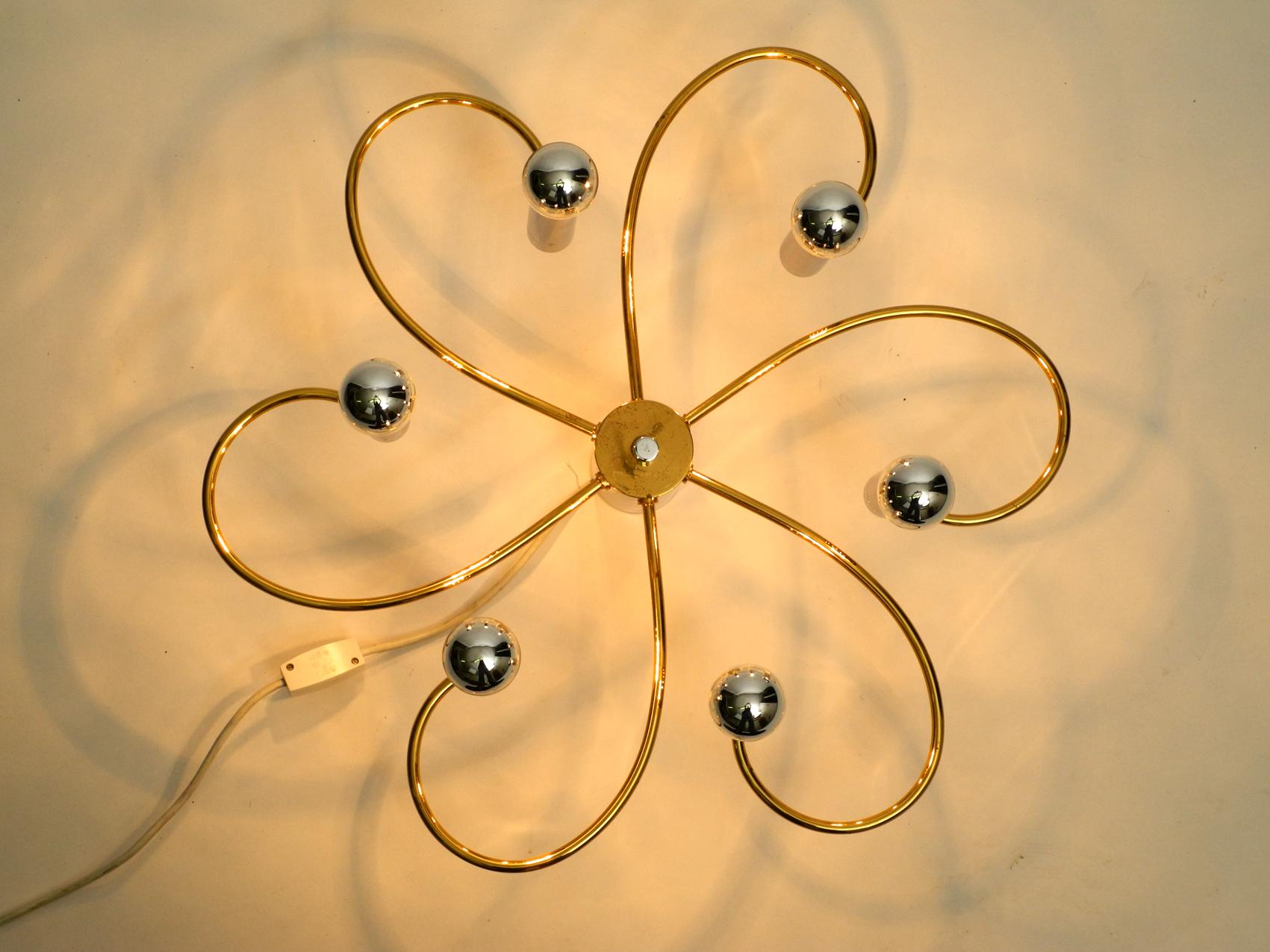 1980s 6-Armed Extra Large Ceiling Lamp by Cosack, Made of Brass and Chrome In Good Condition For Sale In München, DE