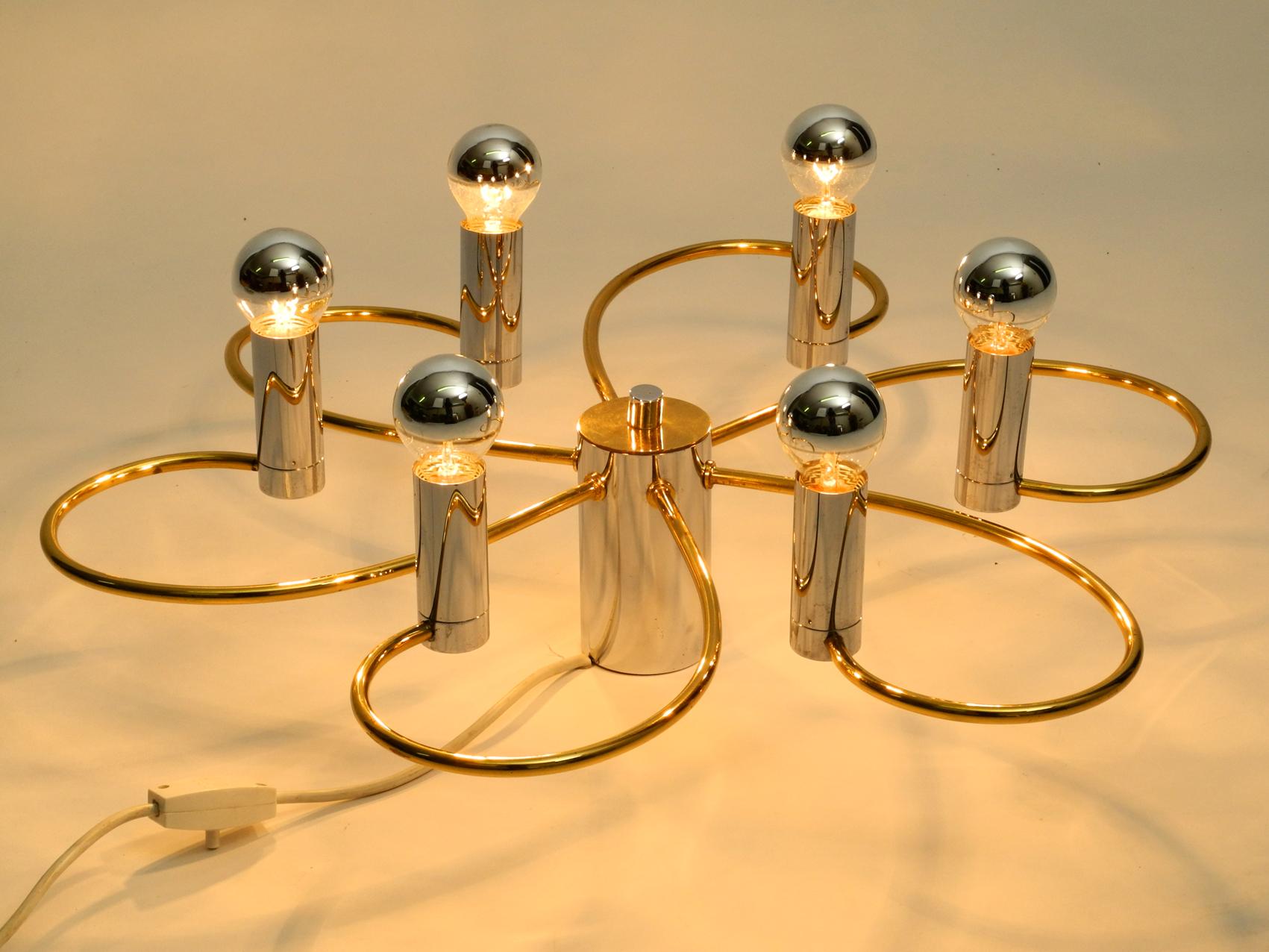 Late 20th Century 1980s 6-Armed Extra Large Ceiling Lamp by Cosack, Made of Brass and Chrome For Sale