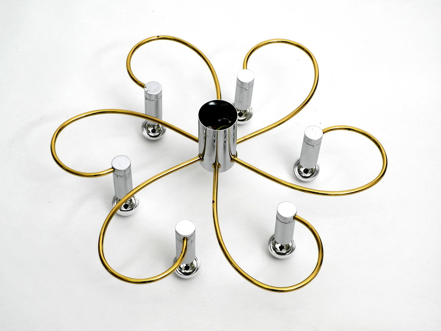 1980s 6-Armed Extra Large Ceiling Lamp by Cosack, Made of Brass and Chrome For Sale 1