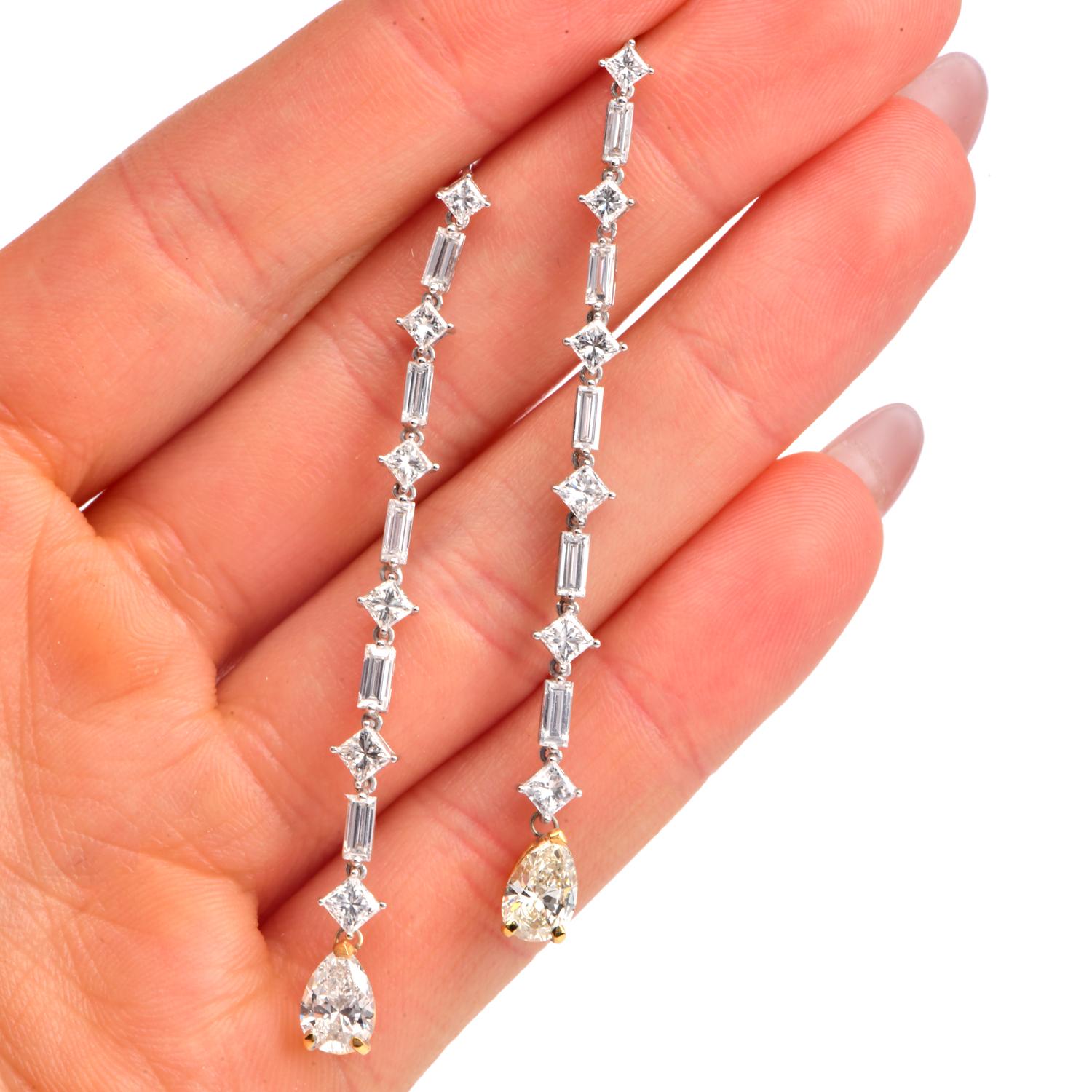 Modern 1980S  6.00 carats  Diamond 18K Gold Linear Tear Drop Long Earrings For Sale