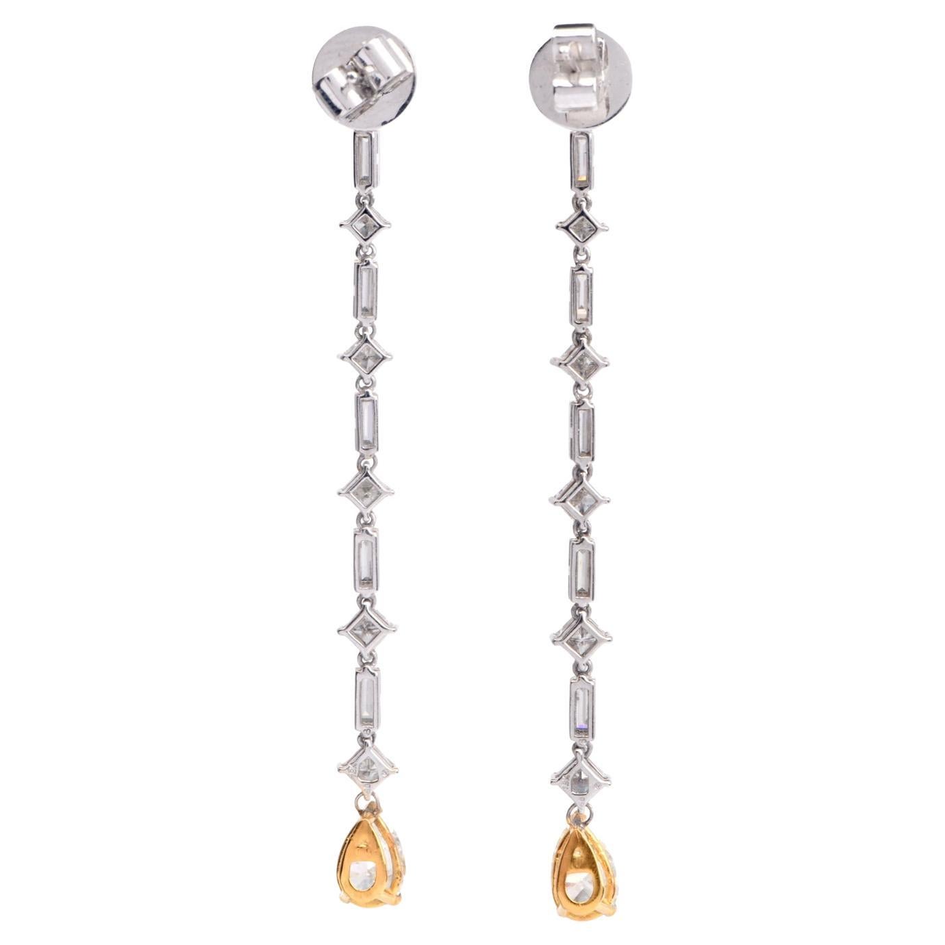 Pear Cut 1980S  6.00 carats  Diamond 18K Gold Linear Tear Drop Long Earrings For Sale
