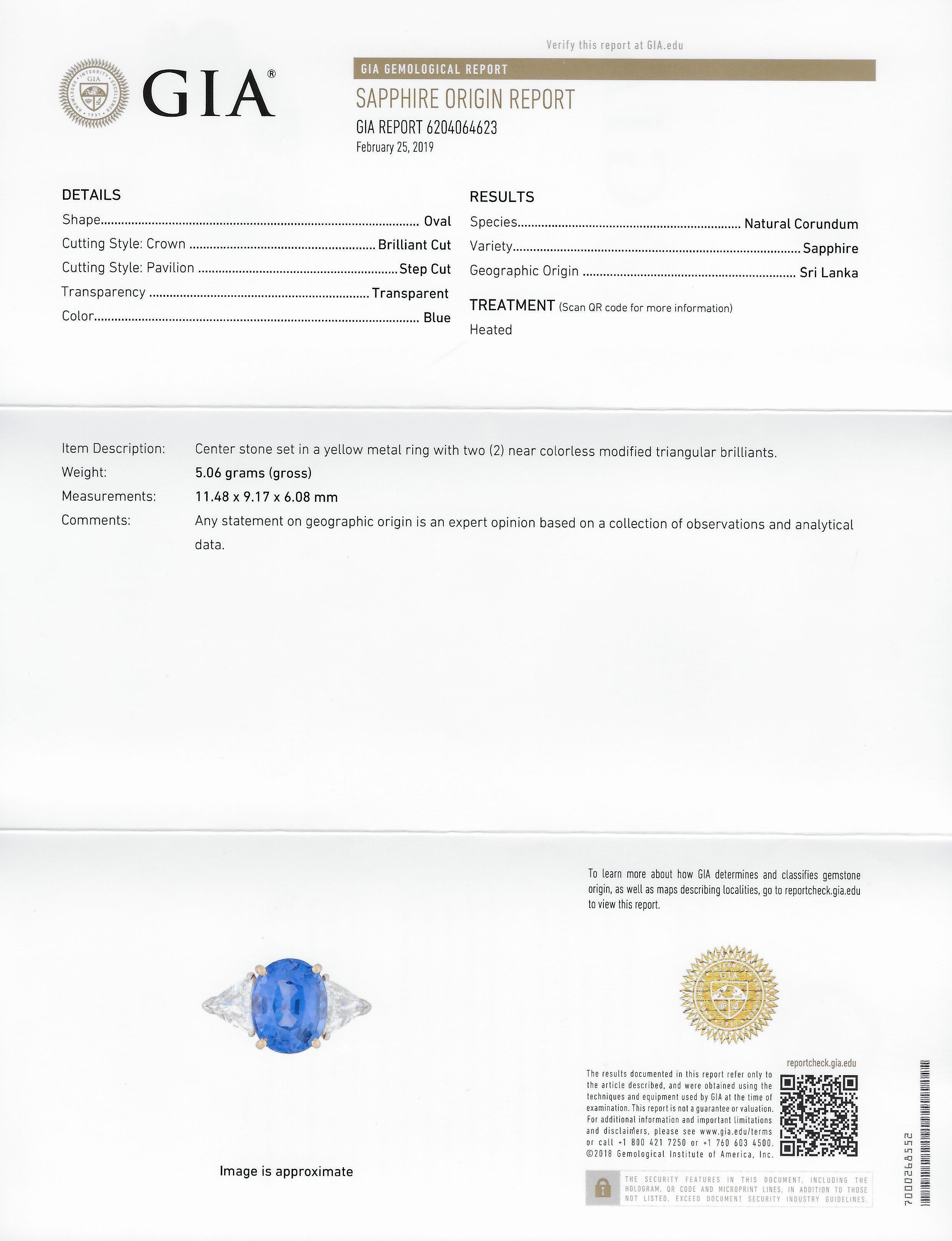 1980s 6.80 Carat Ceylon Sapphire Diamond 18 Karat Gold Ring GIA 7