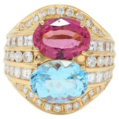 1980s 8.55 CTW Tourmaline Topaz Diamond 18K Yellow Gold Vintage Cluster Ring