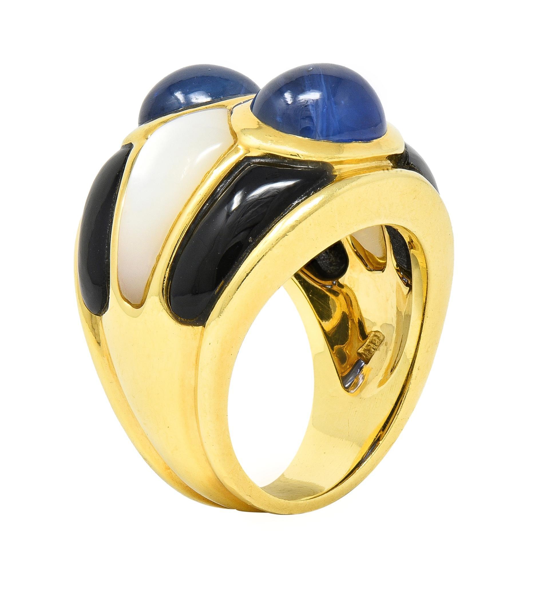 1980's 8.80 CTW Sapphire Onyx Mother-Of-Pearl 18 Karat Gold Wide Band Ring For Sale 5