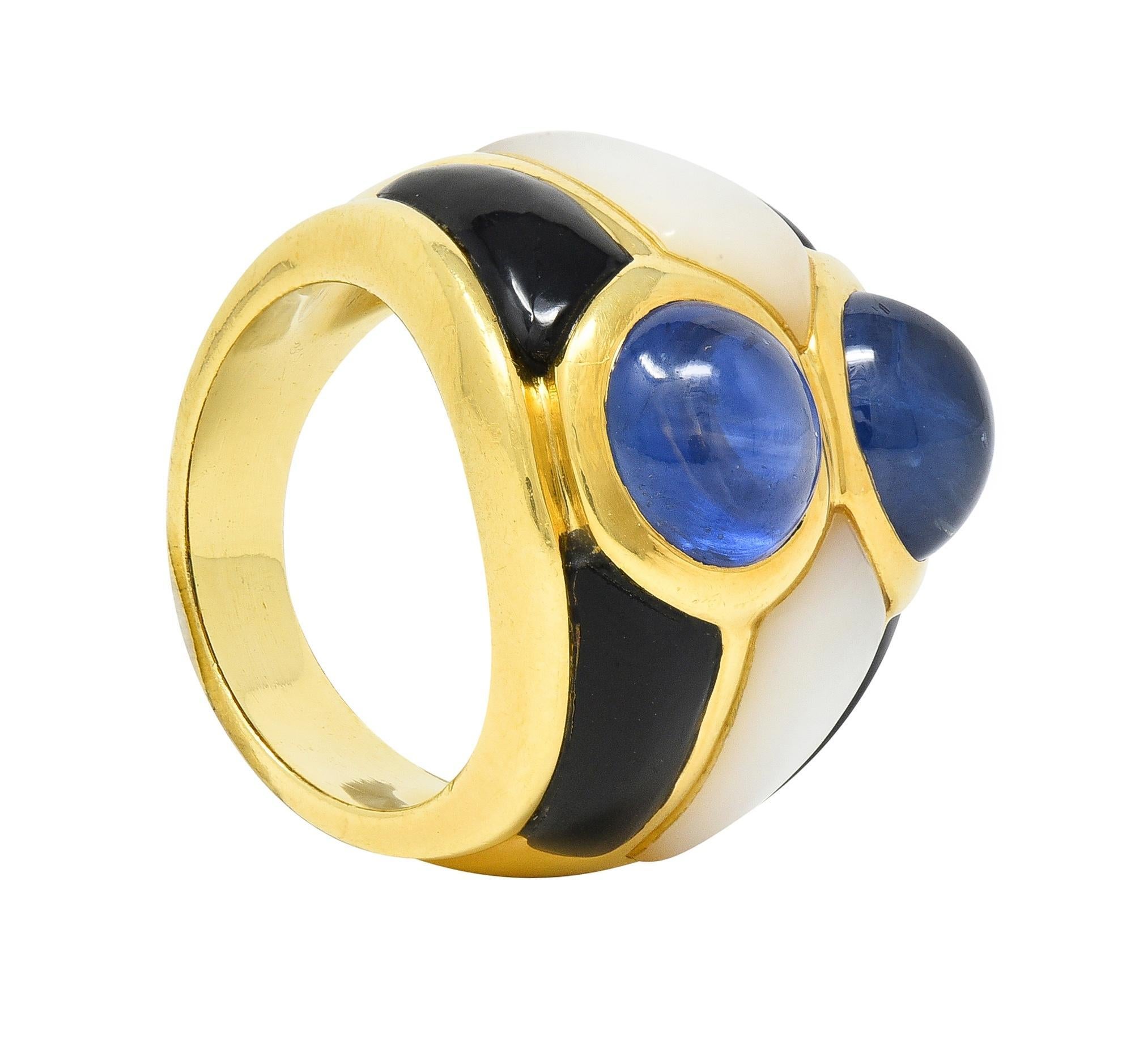 1980's 8.80 CTW Sapphire Onyx Mother-Of-Pearl 18 Karat Gold Wide Band Ring For Sale 6