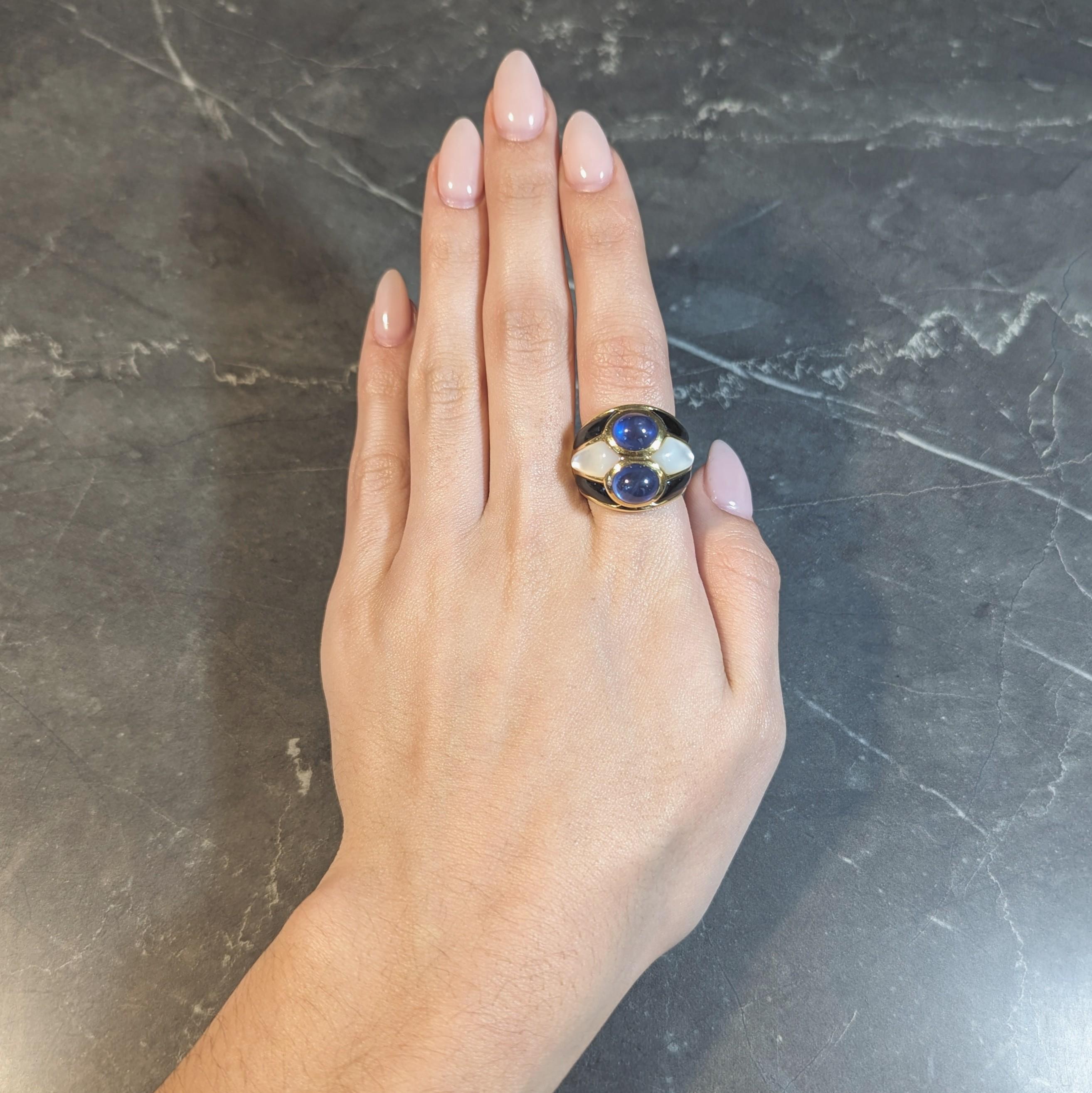 1980's 8.80 CTW Sapphire Onyx Mother-Of-Pearl 18 Karat Gold Wide Band Ring For Sale 9