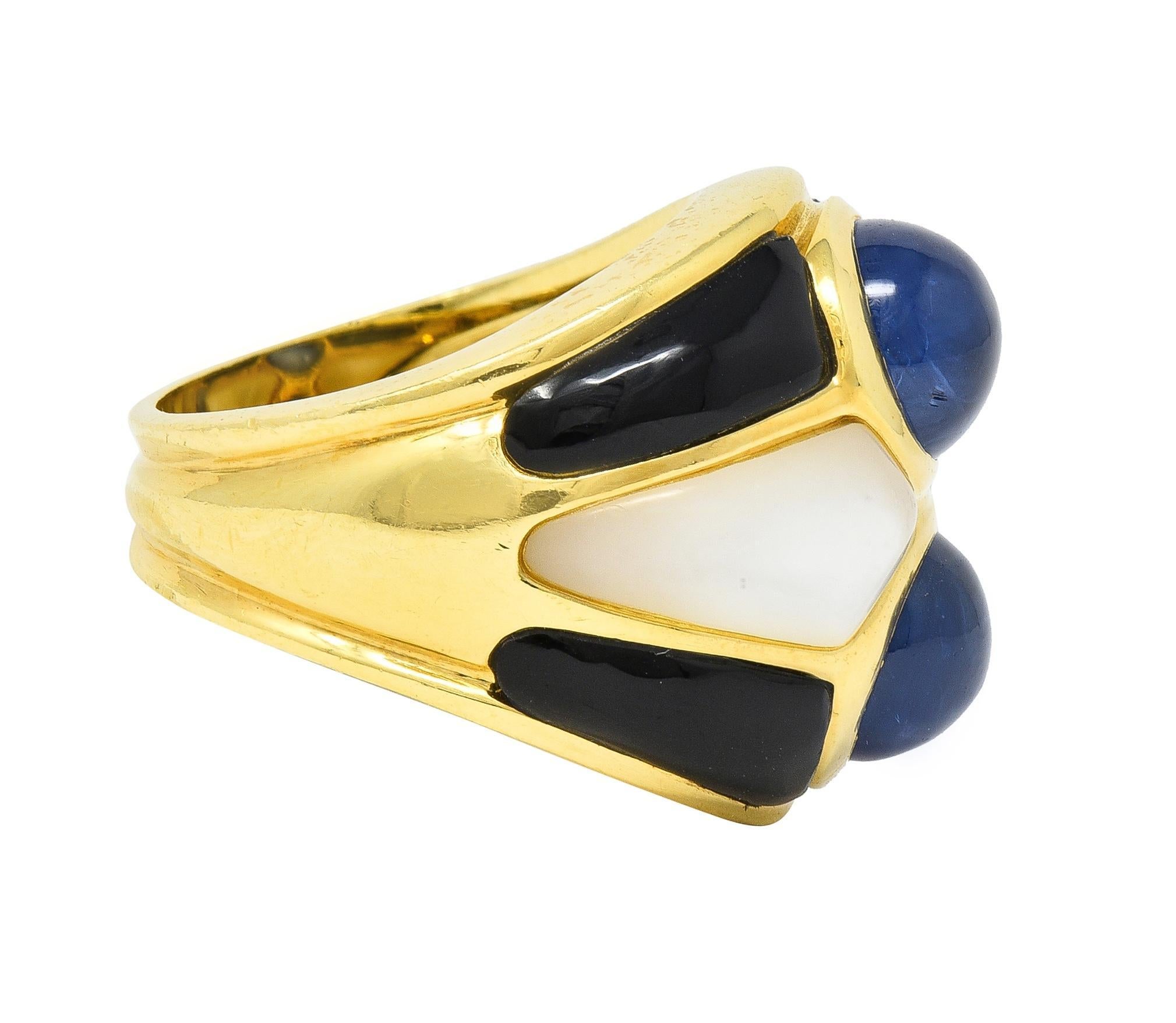 Contemporary 1980's 8.80 CTW Sapphire Onyx Mother-Of-Pearl 18 Karat Gold Wide Band Ring For Sale