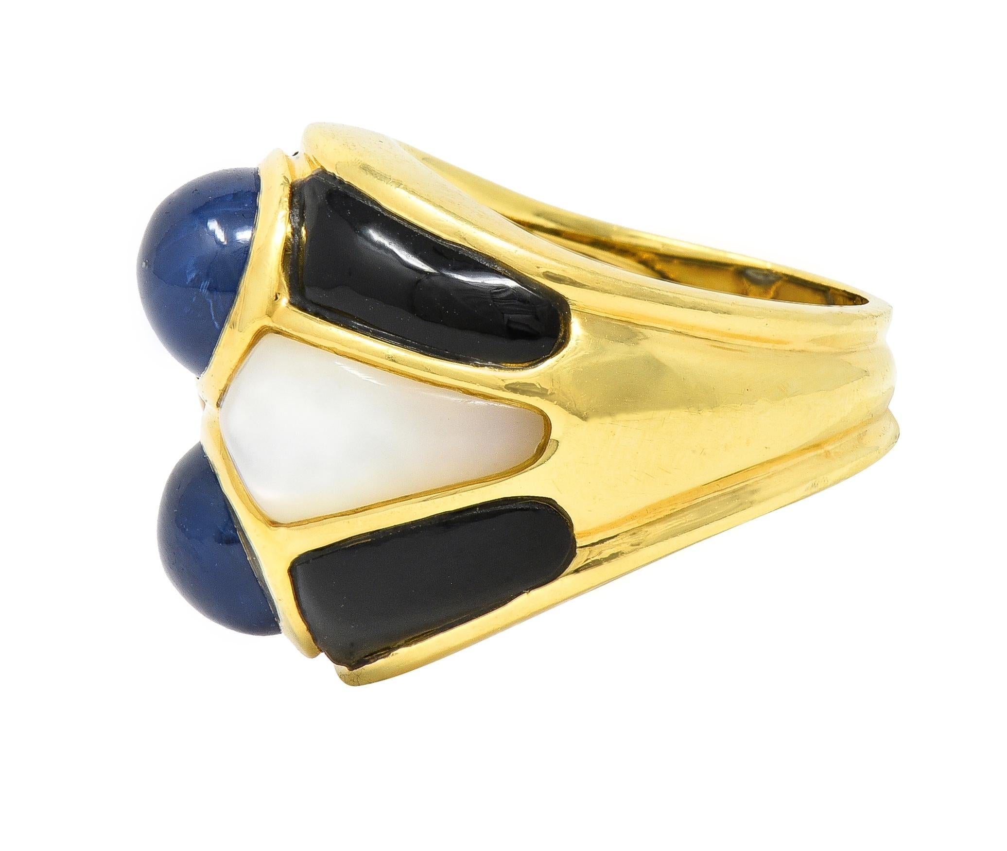 1980's 8.80 CTW Sapphire Onyx Mother-Of-Pearl 18 Karat Gold Wide Band Ring In Excellent Condition For Sale In Philadelphia, PA