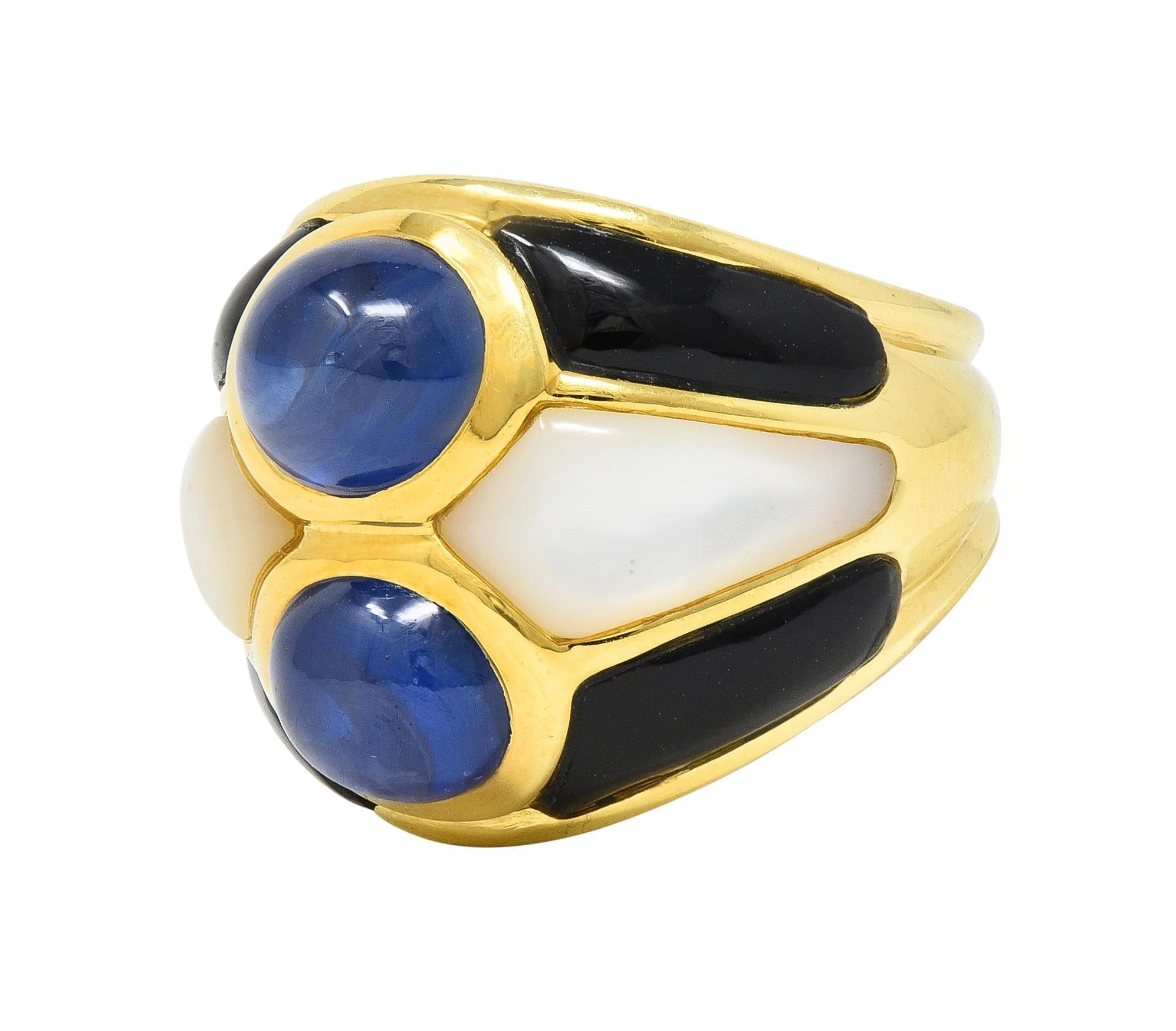 Women's or Men's 1980's 8.80 CTW Sapphire Onyx Mother-Of-Pearl 18 Karat Gold Wide Band Ring For Sale