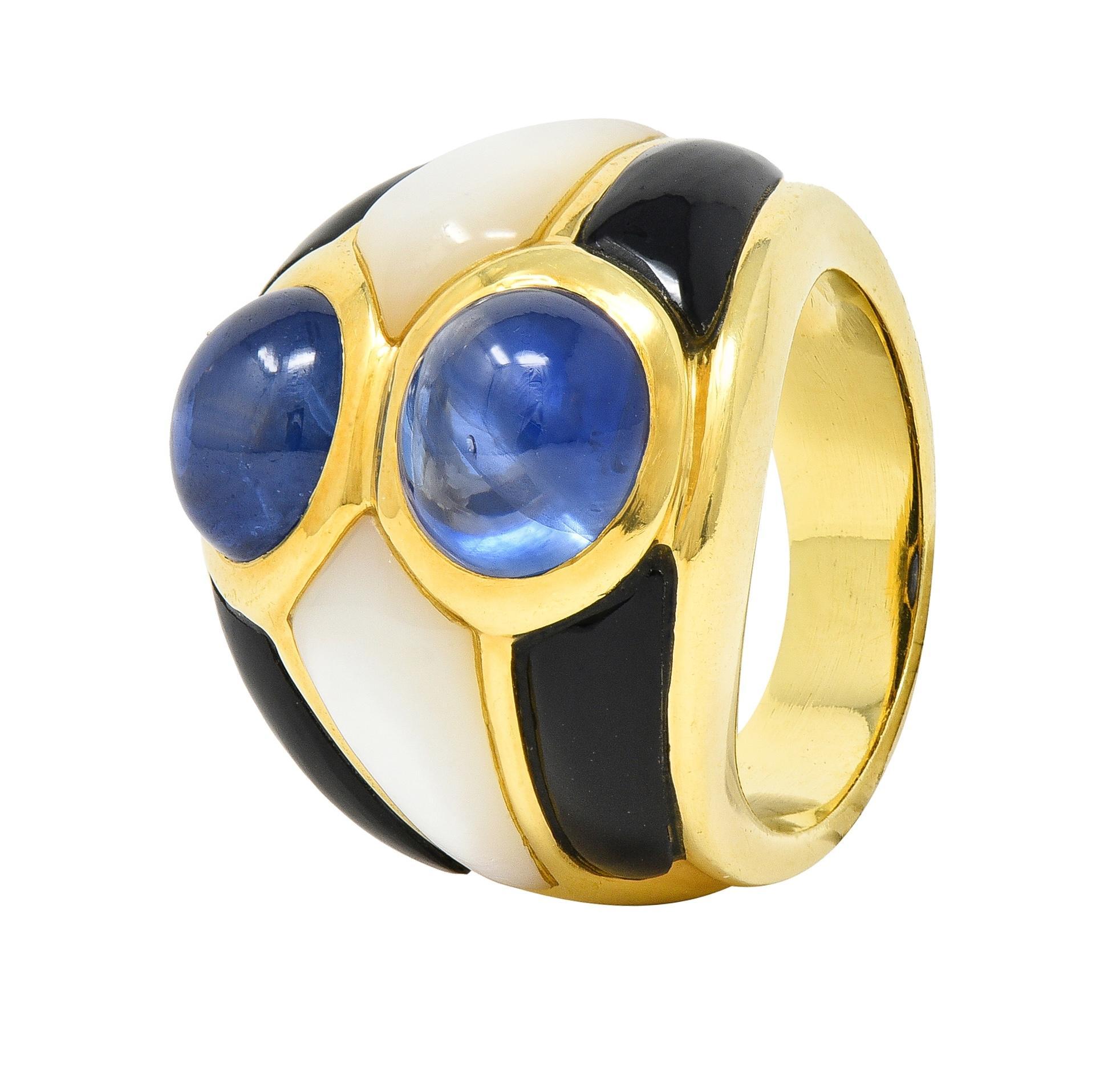 1980's 8.80 CTW Sapphire Onyx Mother-Of-Pearl 18 Karat Gold Wide Band Ring For Sale 2