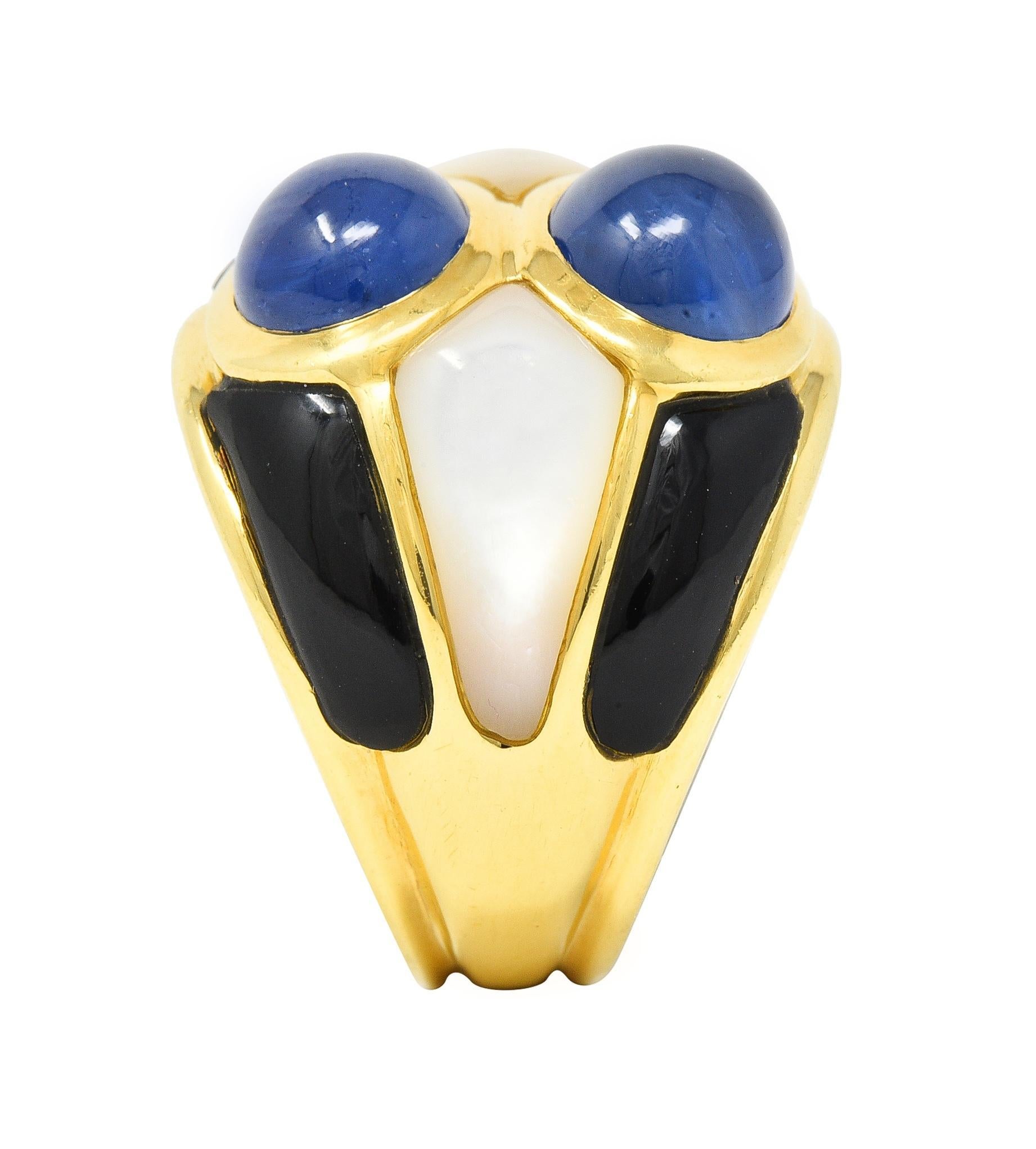 1980's 8.80 CTW Sapphire Onyx Mother-Of-Pearl 18 Karat Gold Wide Band Ring For Sale 3