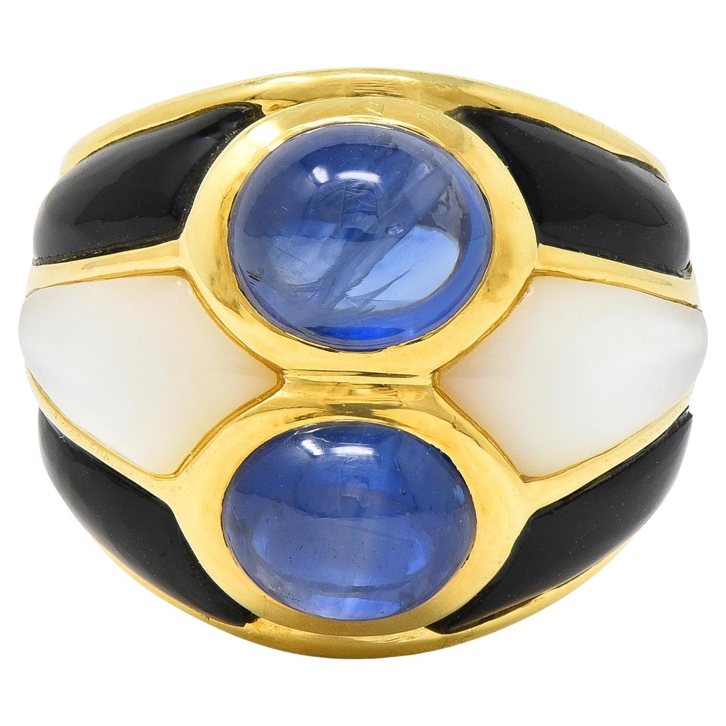 1980's 8.80 CTW Sapphire Onyx Mother-Of-Pearl 18 Karat Gold Wide Band Ring For Sale
