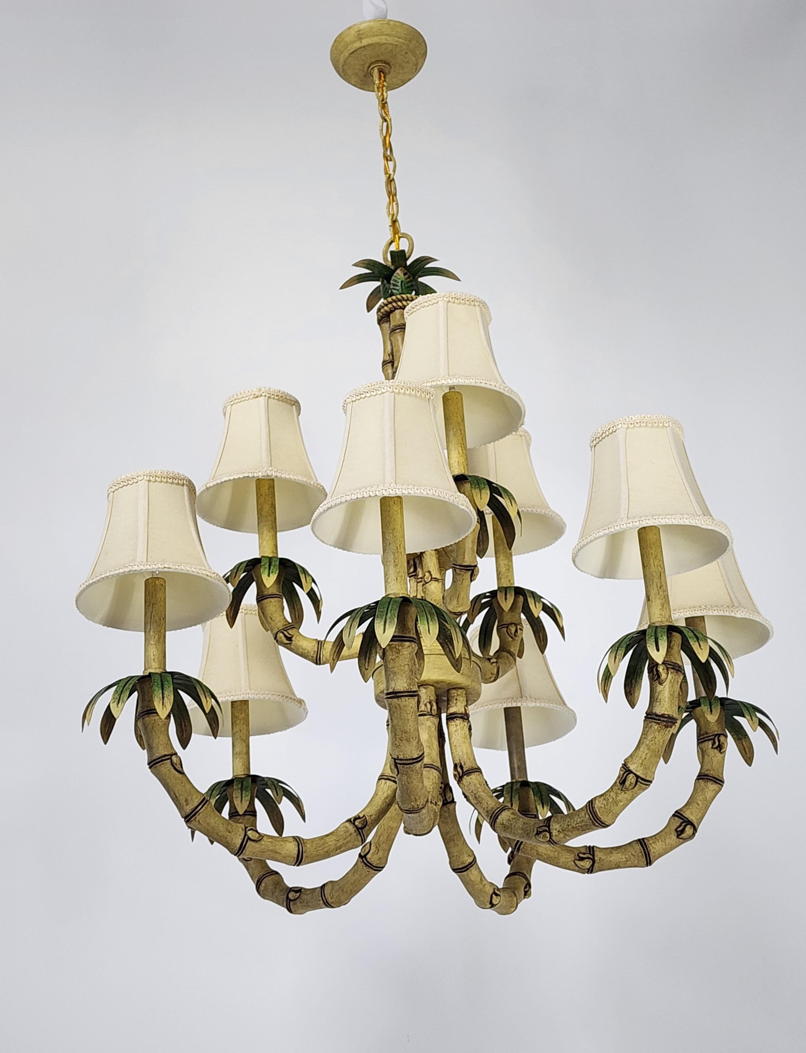 Hollywood Regency 1980s  9  Arm Massive Faux Bamboo  Chandelier ,  Italy For Sale