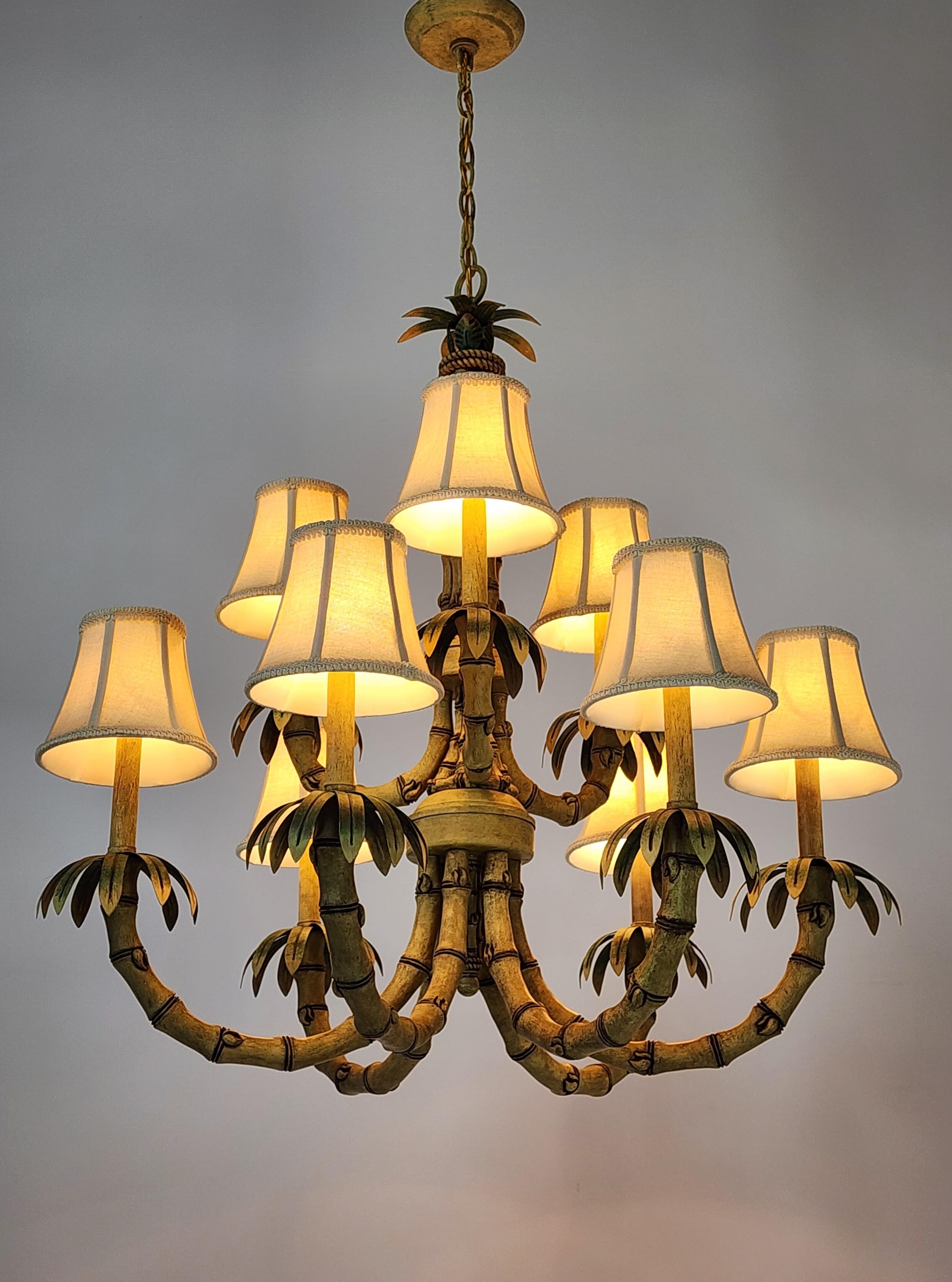 Enameled 1980s  9  Arm Massive Faux Bamboo  Chandelier ,  Italy For Sale