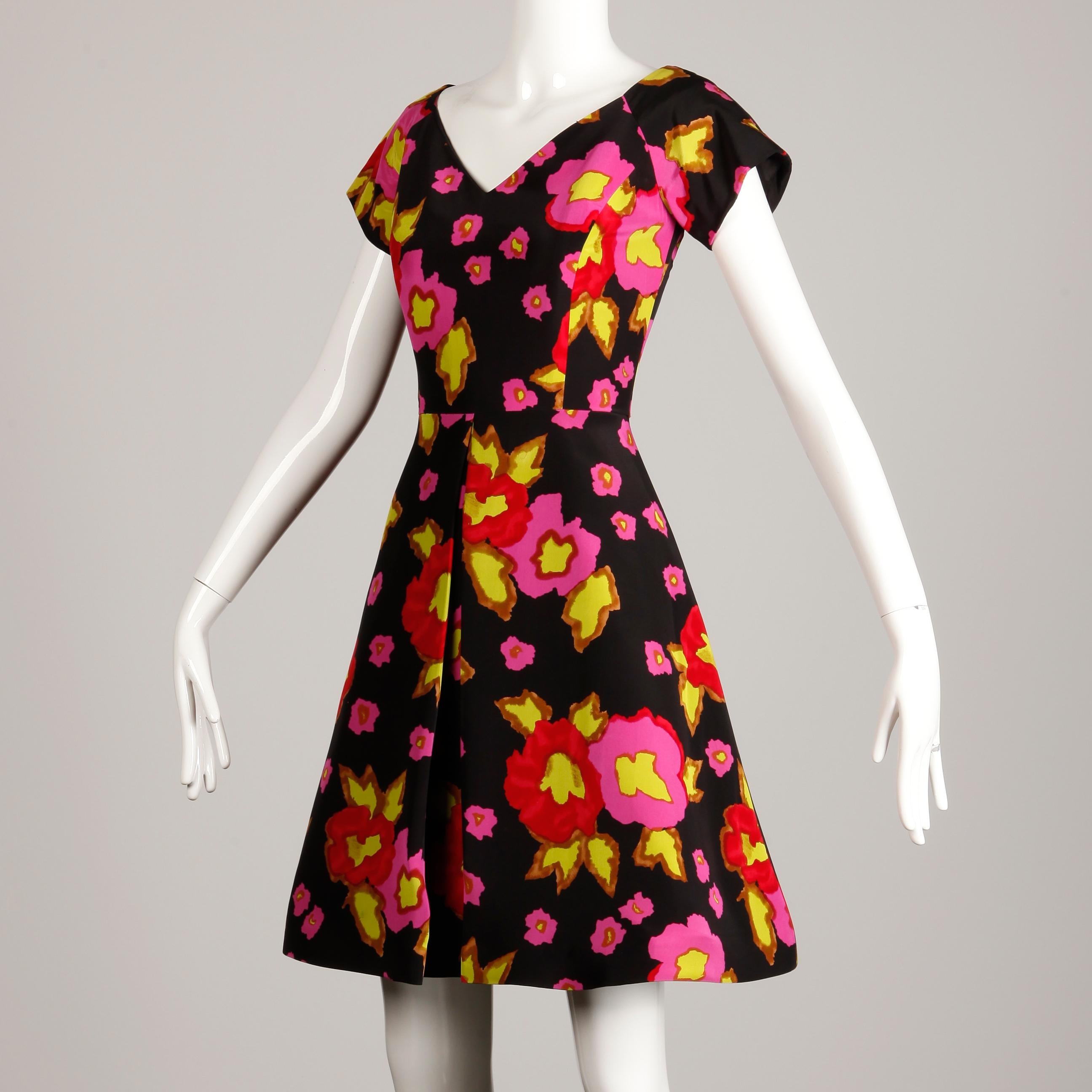 1980s-90s Arnold Scaasi Vintage Bright Pink Red Black Floral Print Silk Dress In Excellent Condition For Sale In Sparks, NV