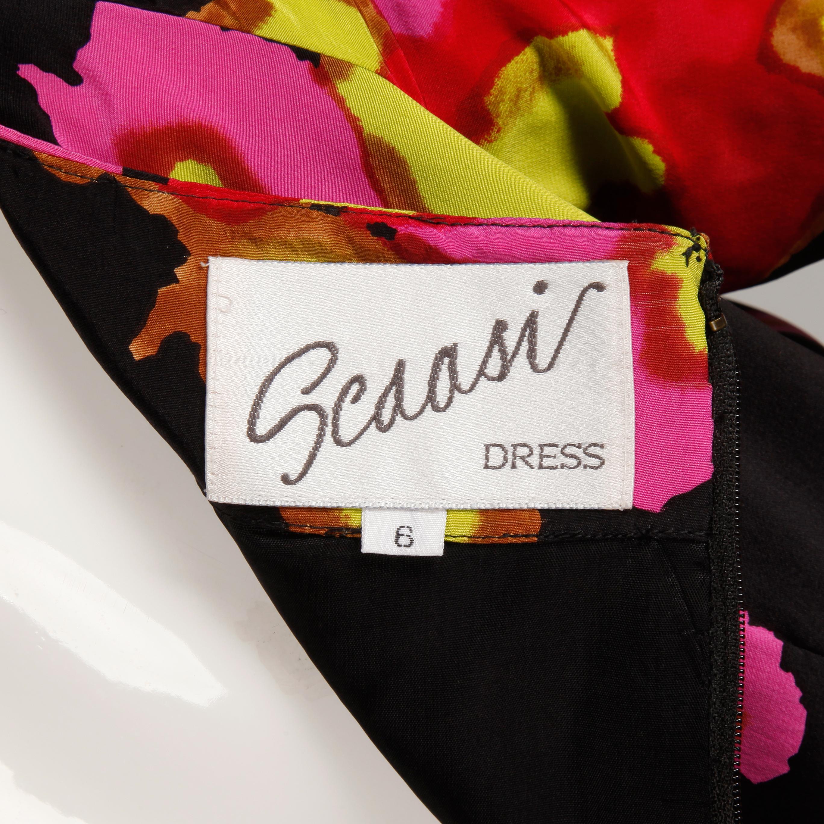 Women's 1980s-90s Arnold Scaasi Vintage Bright Pink Red Black Floral Print Silk Dress For Sale