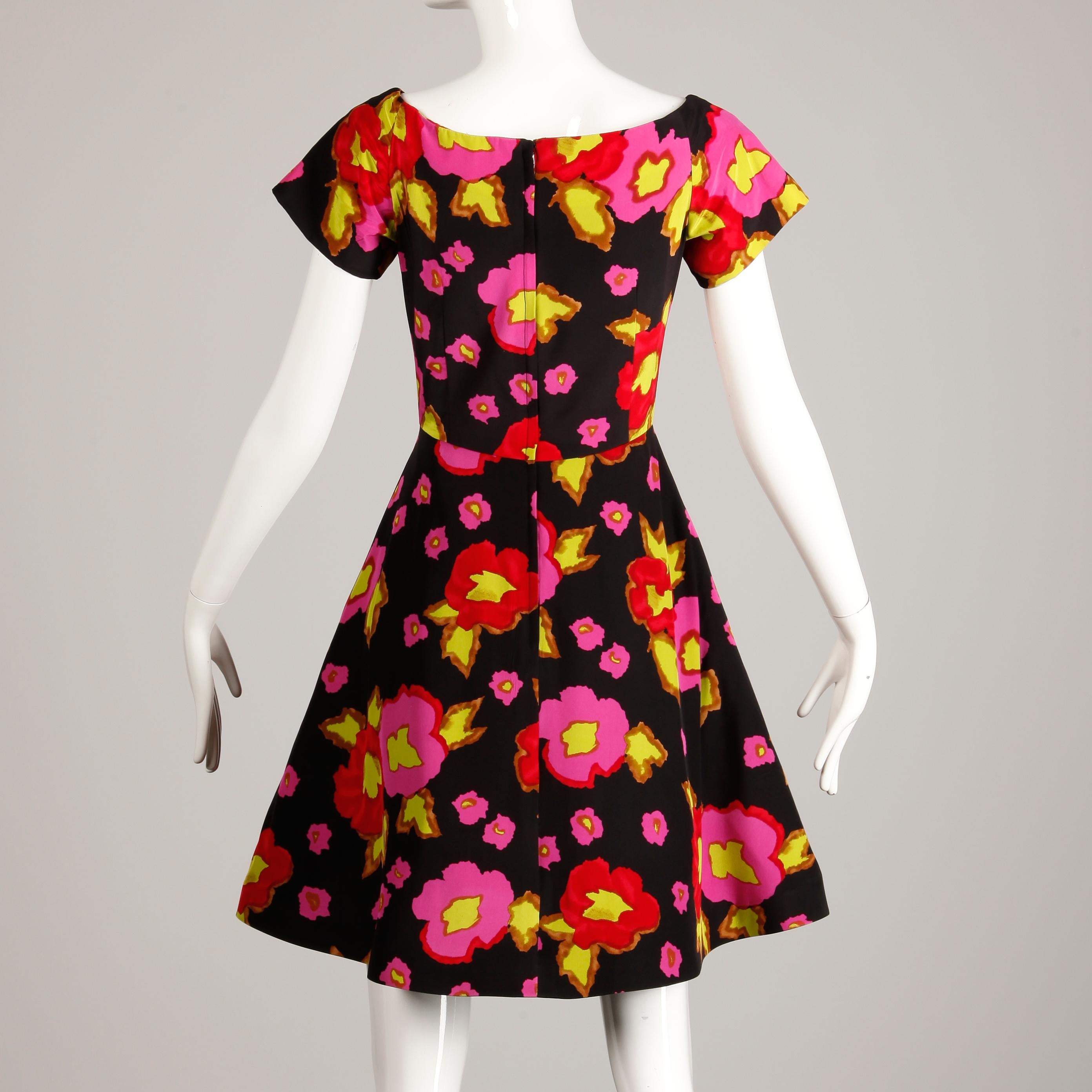 1980s-90s Arnold Scaasi Vintage Bright Pink Red Black Floral Print Silk Dress For Sale 2